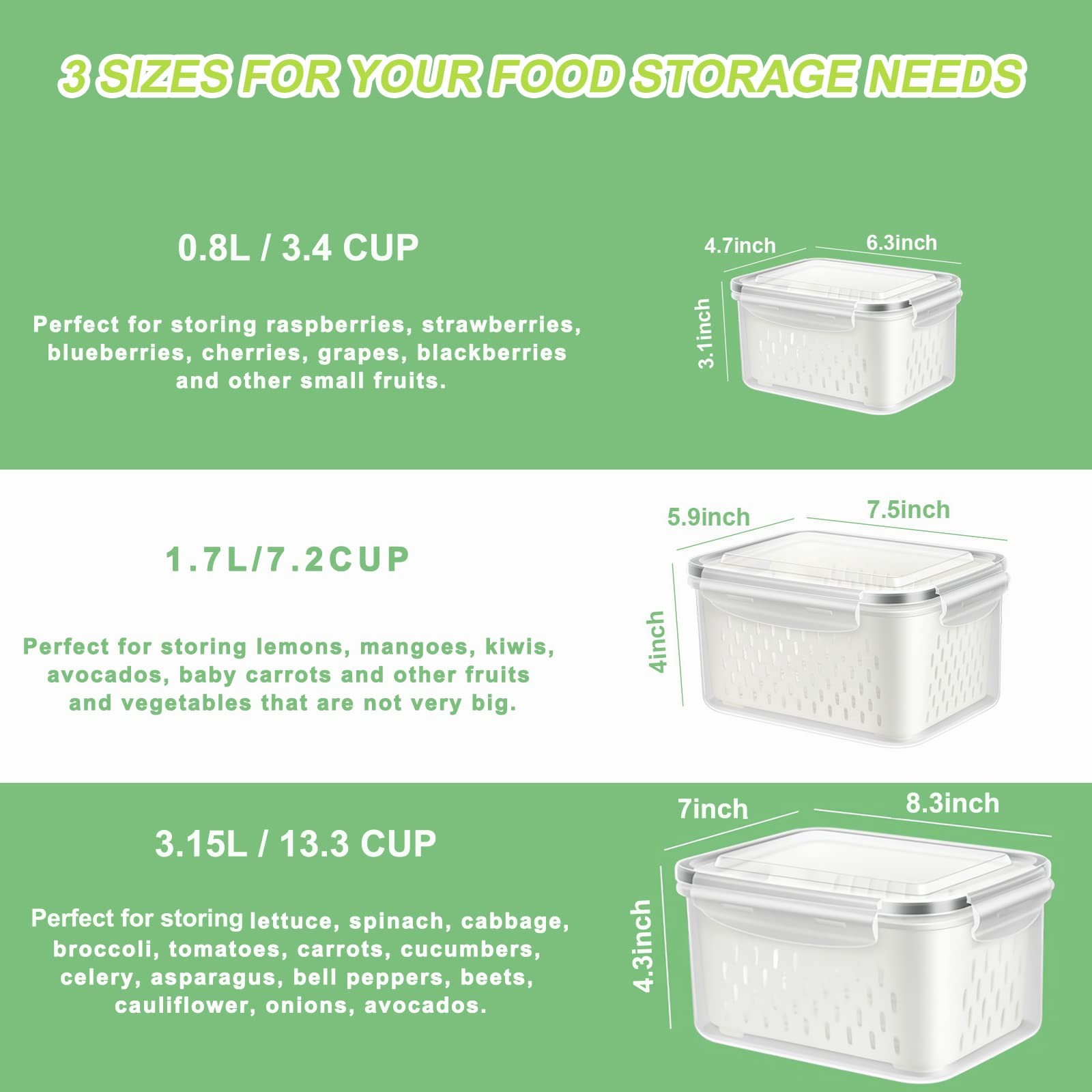 3 Pack Fruit Storage Containers for Fridge, Produce Saver Vegetable Container…
