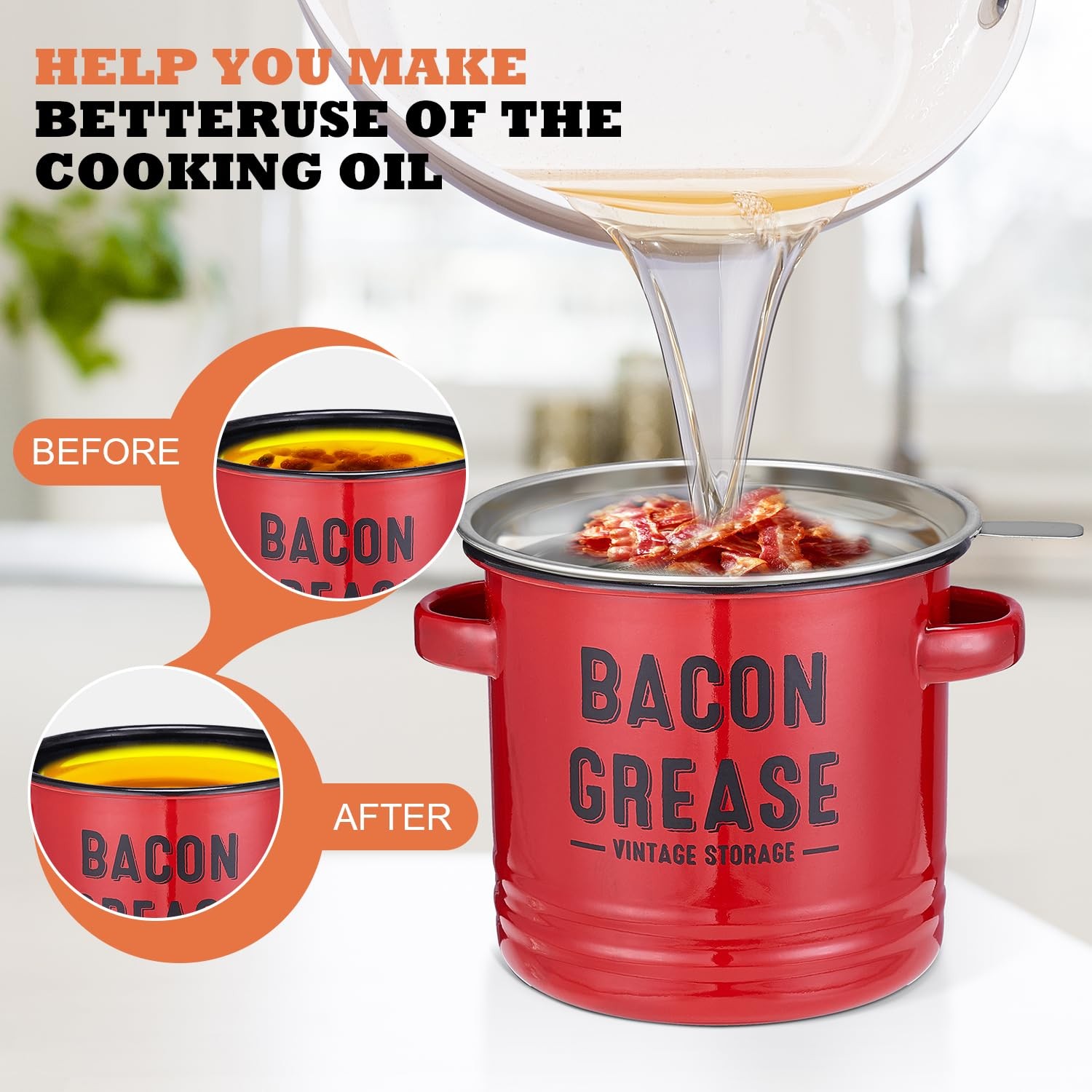Bacon Grease Container with Strainer – Large 46OZ Red Kitchen Oil Storage Can…