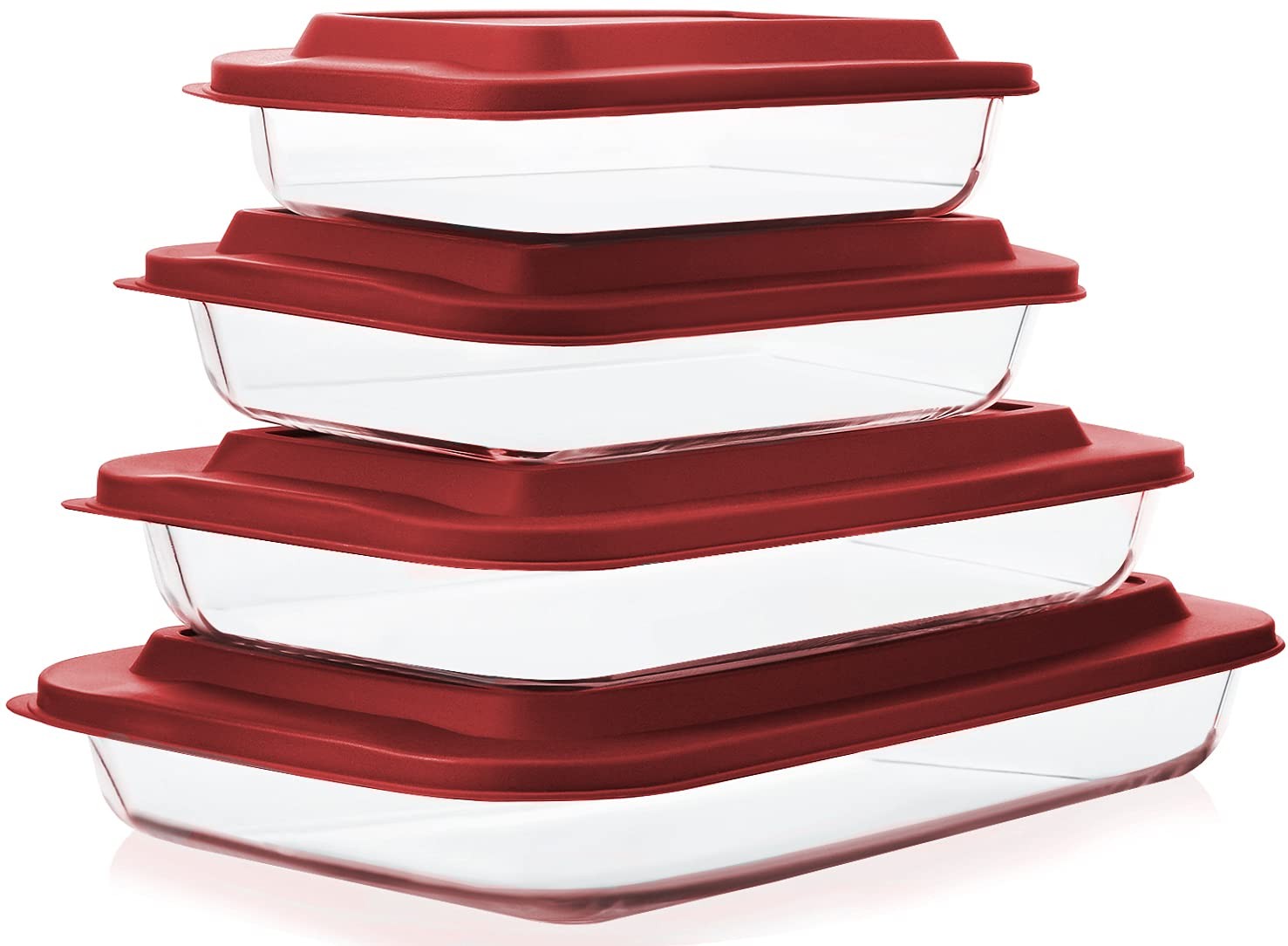 8-Piece Deep Glass Baking Dish Set with Plastic lids,Rectangular Red