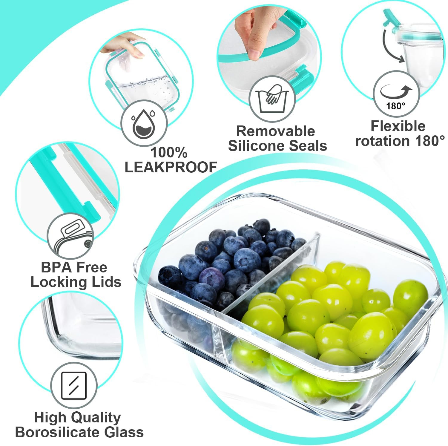 10 Pack Glass Meal Prep Containers – 2 Compartment Set, 30 OZ Airtight Glass Lun