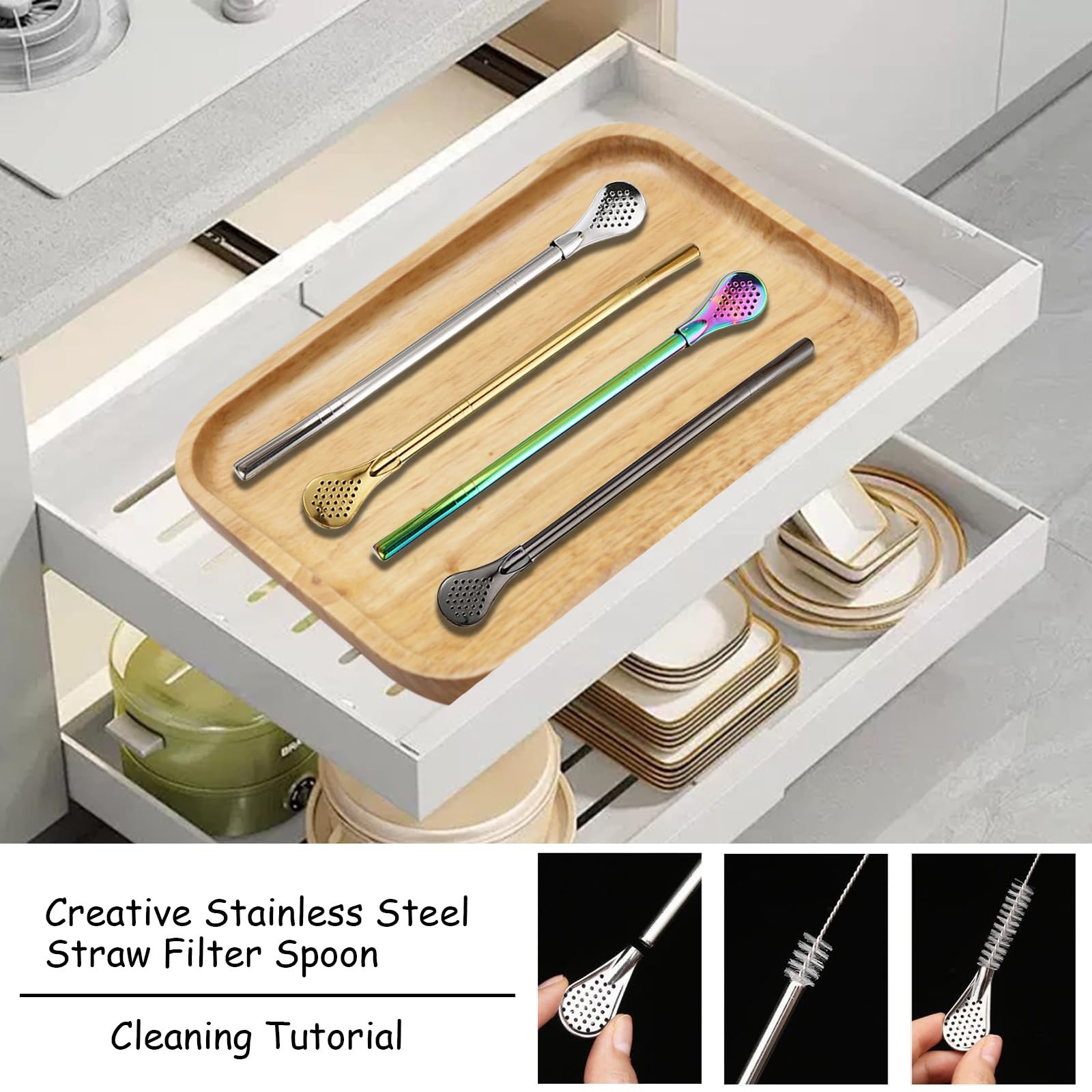 2 Pieces Stainless Steel Straw Spoon Filter with 2 Cleaning Brush, 18, Gold