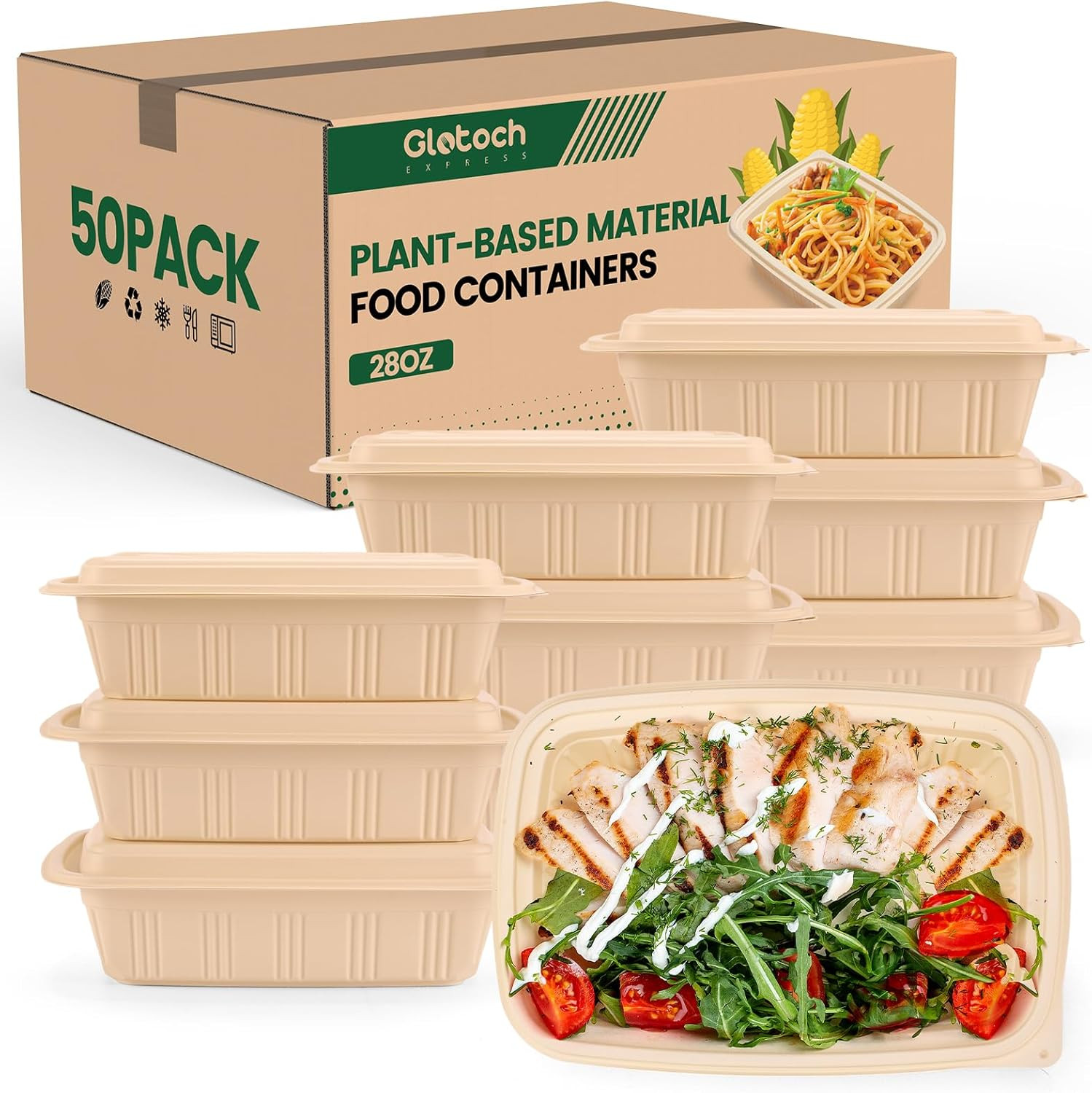 100 Piece (50 Pack) Meal Prep Containers with Lids, 28 Oz Cornstarch Food Storag