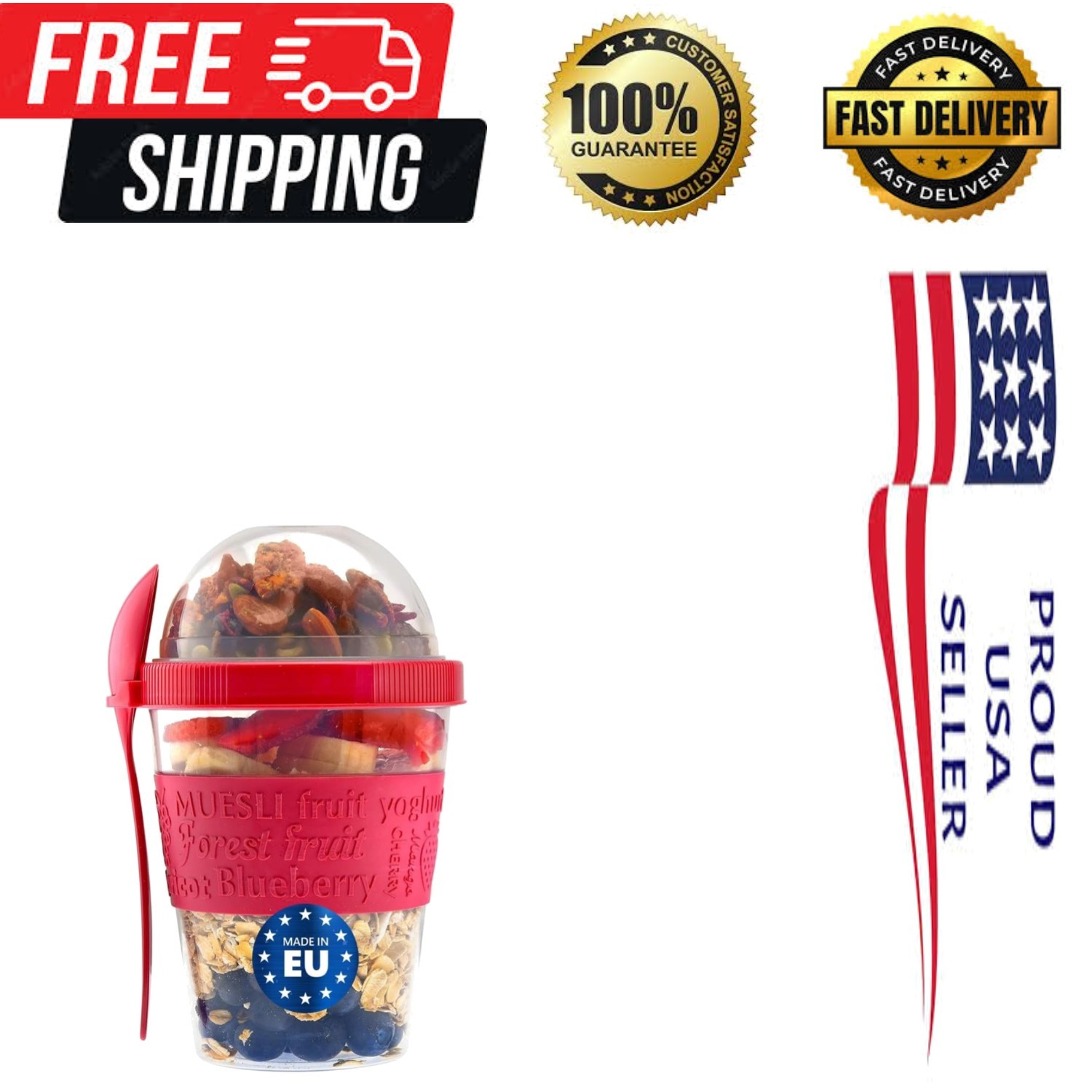 On the Go Yogurt Parfait Cups with Lids, Topping Compartment & Spoon, Parfait…