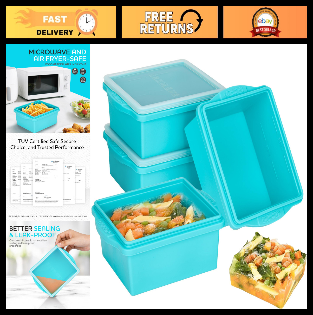 4 Pack Silicone Freezer Trays with Lids – Leakproof, BPA-Free, Stackable Molds f