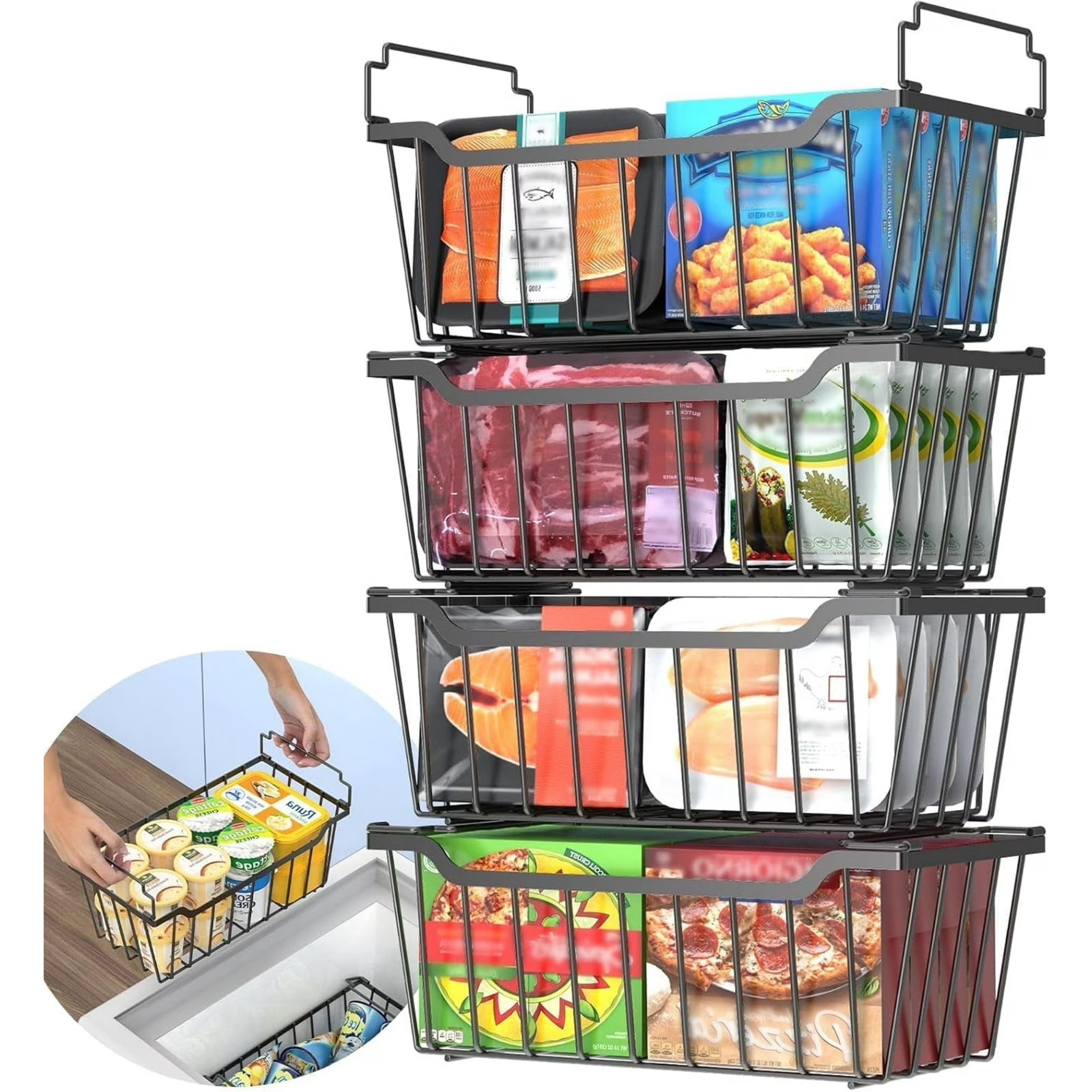 SUNALLY Freezer Organizer Bins 4 Pack, Stackable Freezer Baskets with Foldable