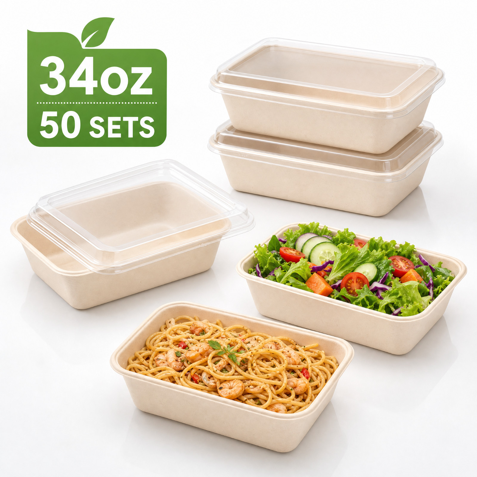 50/100sets ST-858G Sugarcane Fiber Take Out Containers Biodegradable Bento Box