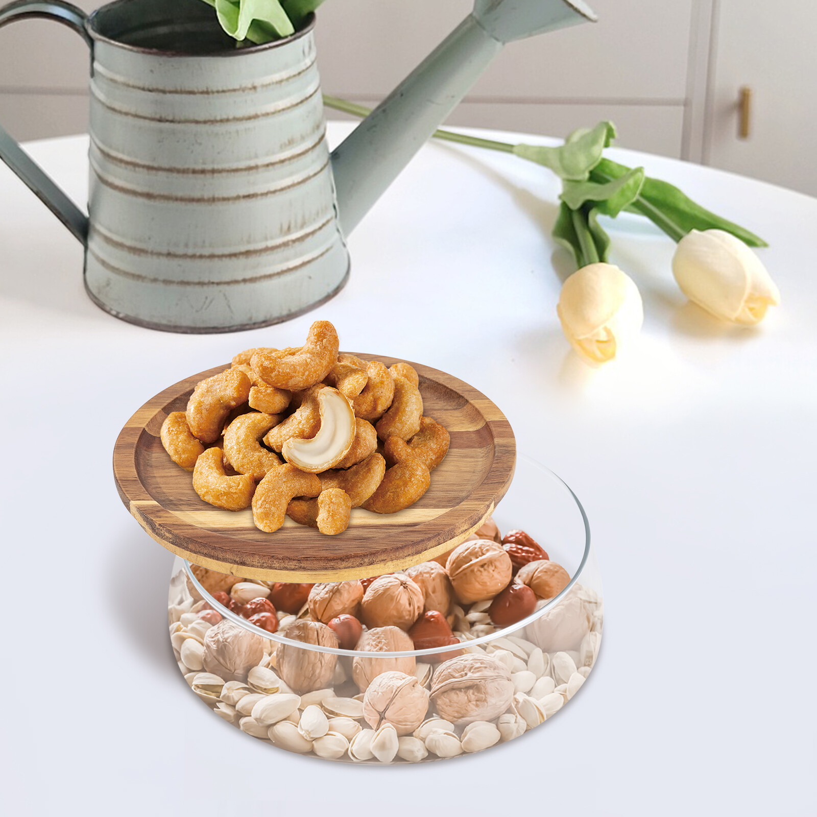2000ml/70oz 3.07in High Glass Candy And Nuts Serving Container With Wooden Lid