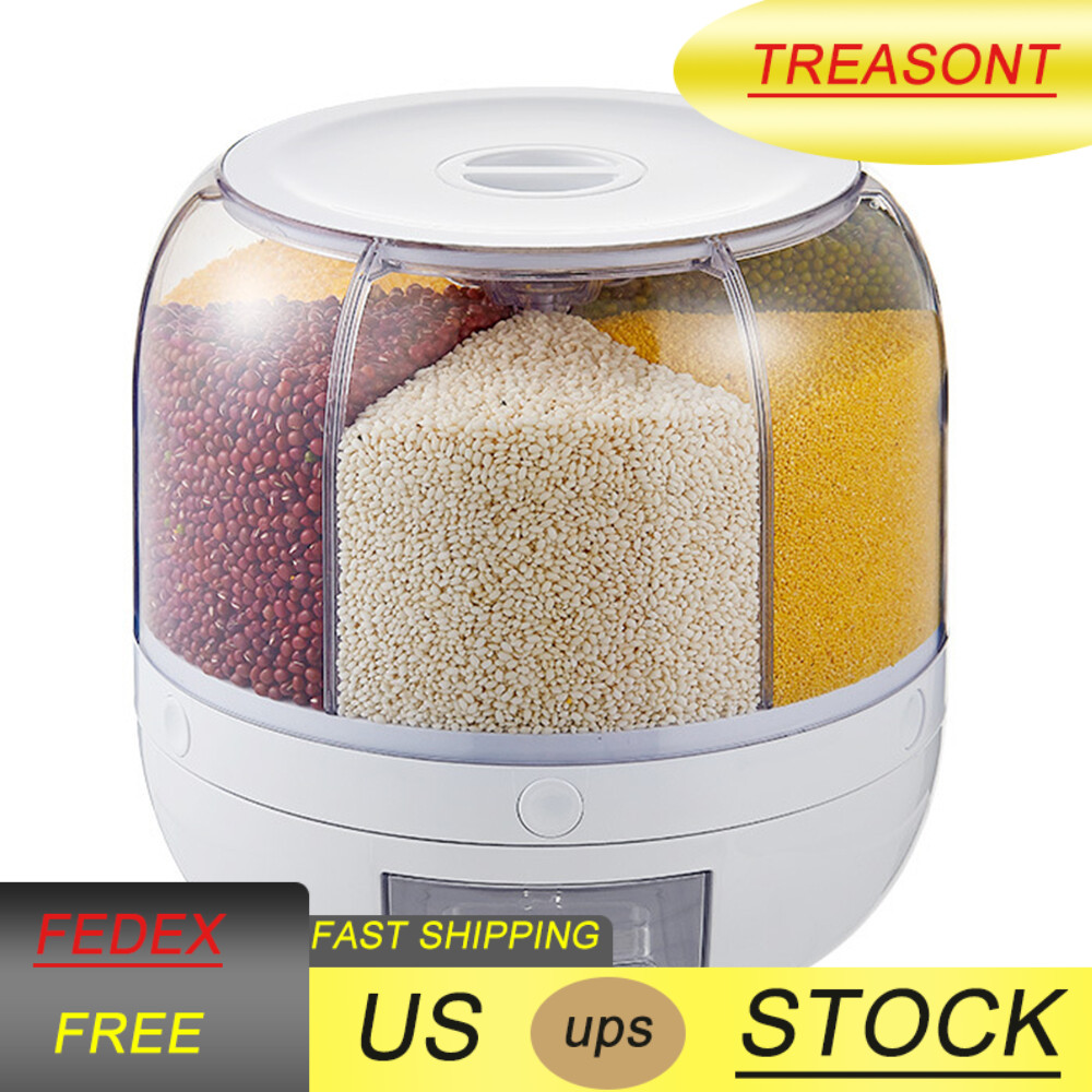 10KG 6-in-1 Rotating Dry Food Grain Rice Container Dispenser Storage Box White
