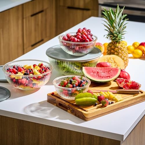 8pc Ribbed Glass Mixing Bowl Set with Airtight Lids Nesting Food Storage Kitchen