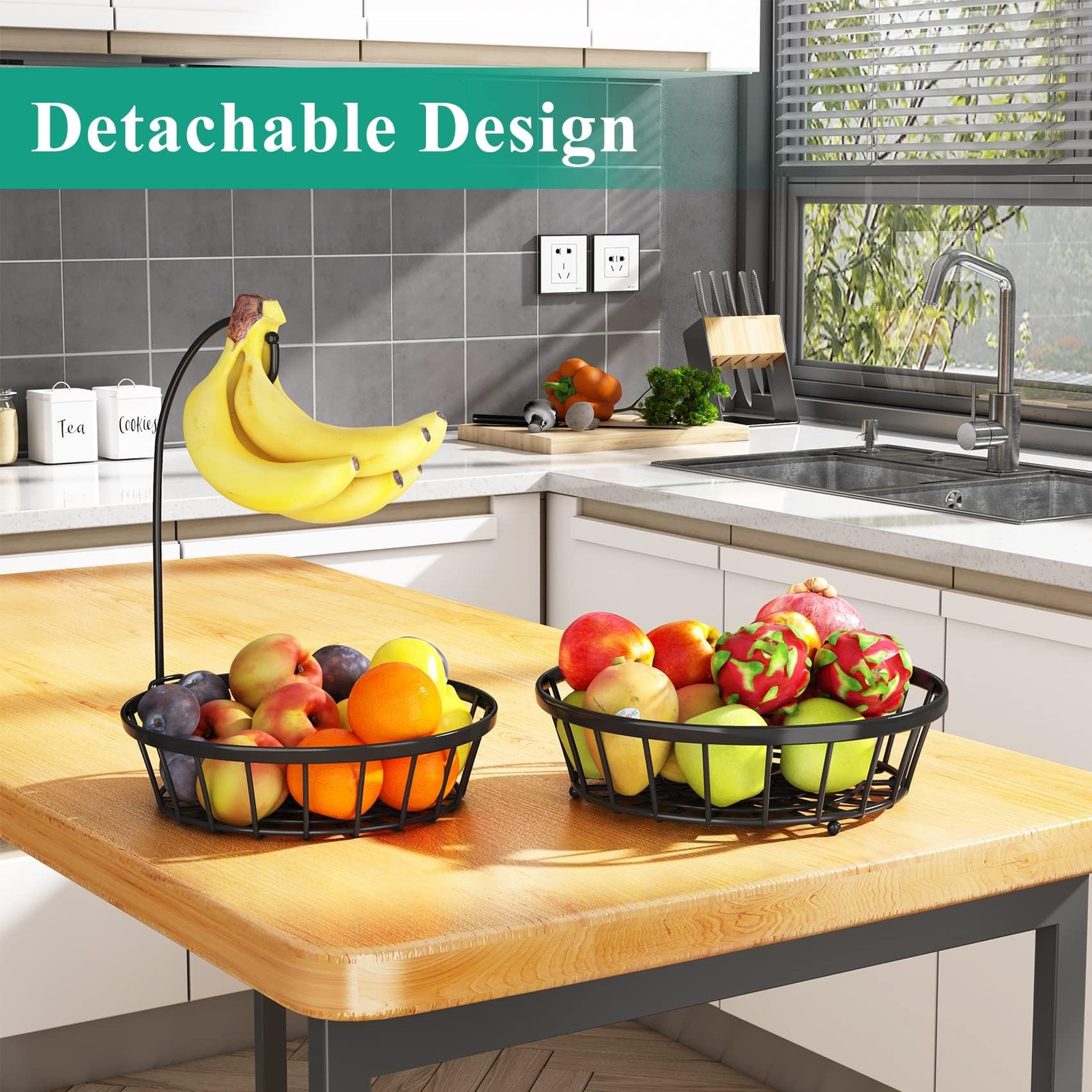 SAYZH 2-Tier Fruit Basket Bowl Stackable 2 Tiers (10.7”+11.8”）, Black