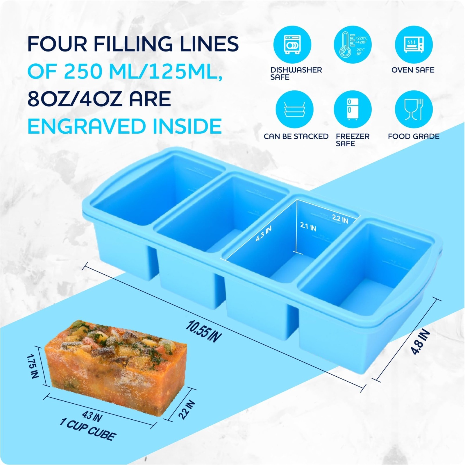 Silicone Freezer Trays with Lid – 1-Cup Ice Cube Molds for Soup & Sauces (2-Pack