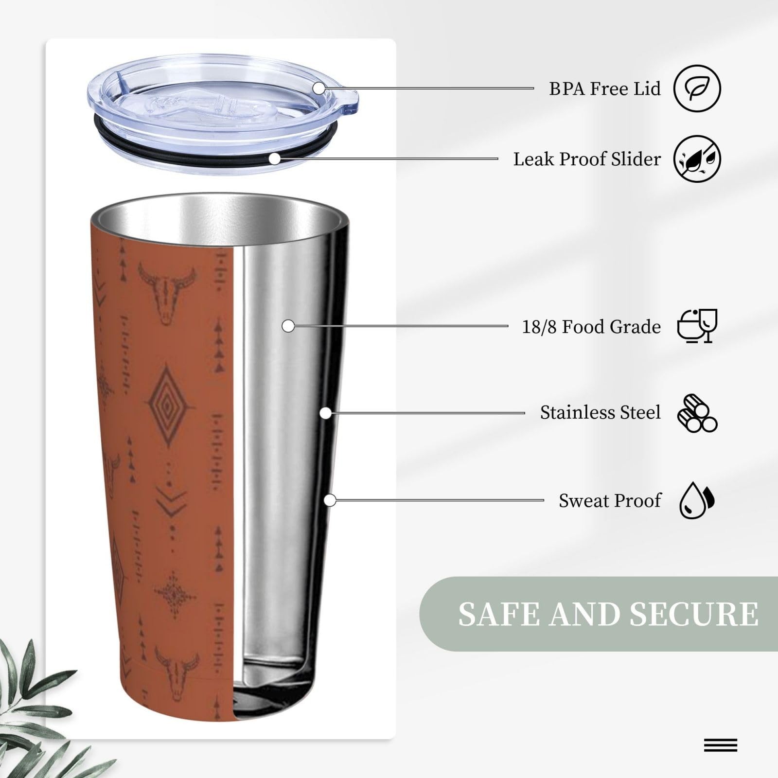 Tounheya Western Bull Tumbler Lid And Straw Boho Brown 20Oz Insulated Stainless