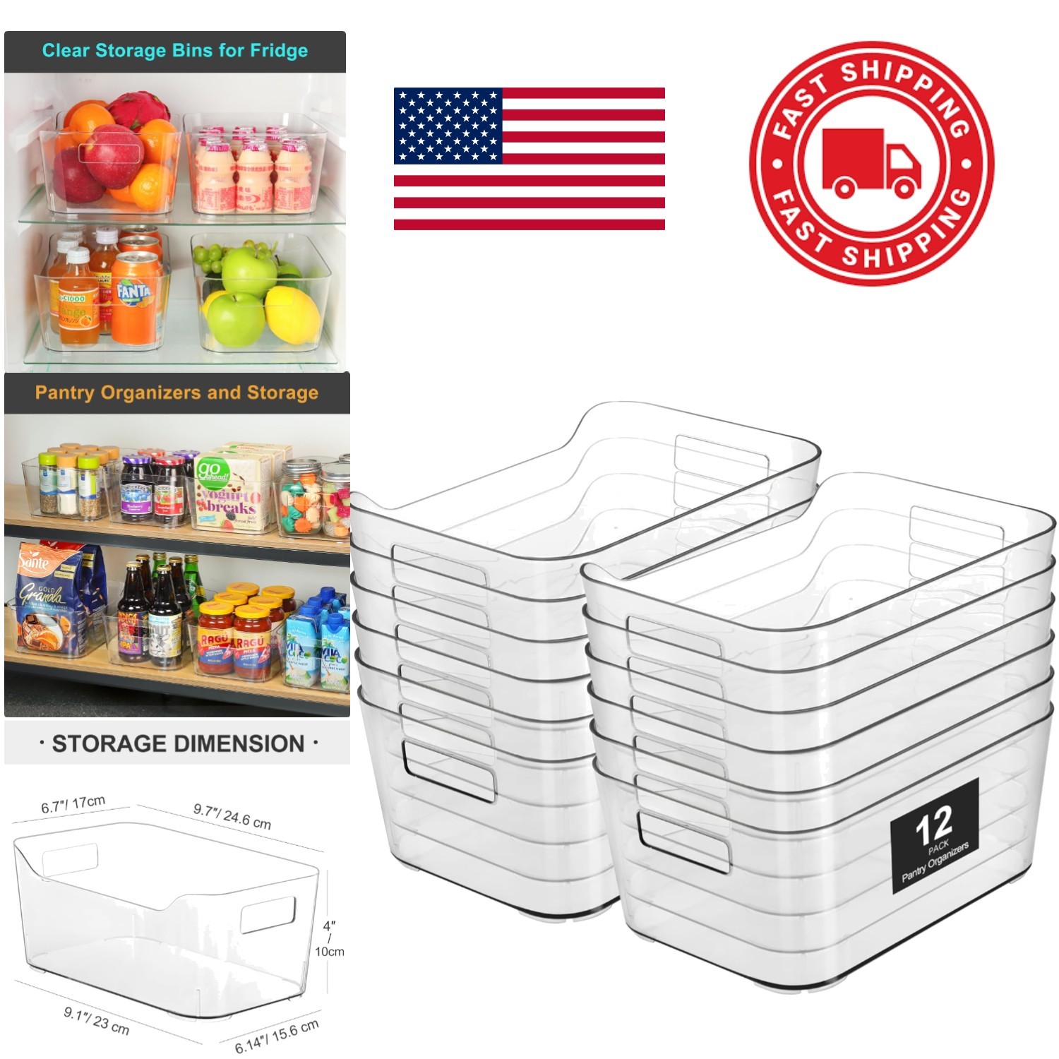 Clear Plastic Storage Bins Set of 12 for Pantry Kitchen and Office Organization