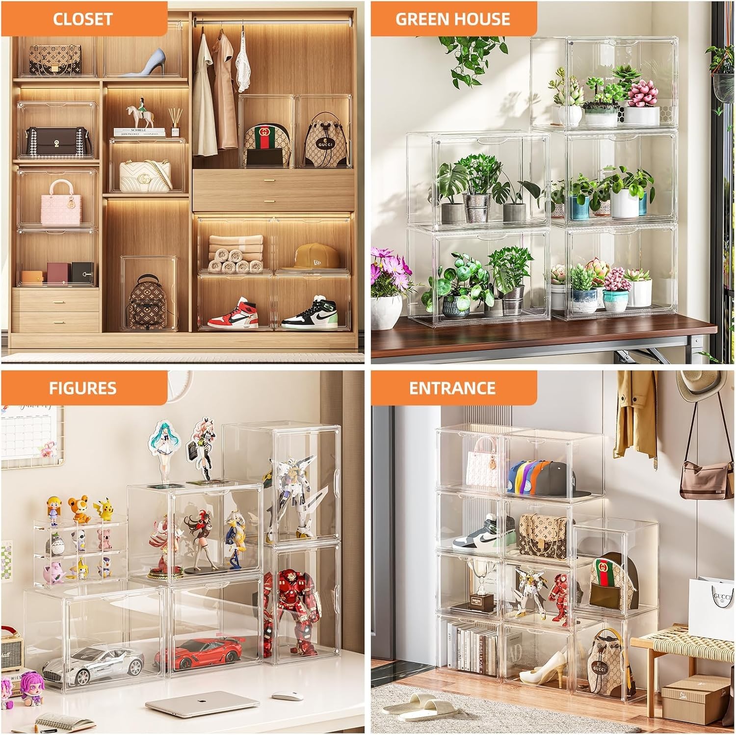 Clear Acrylic Display Case, Large Stackable Storage Bins Magnetic Attraction Lid