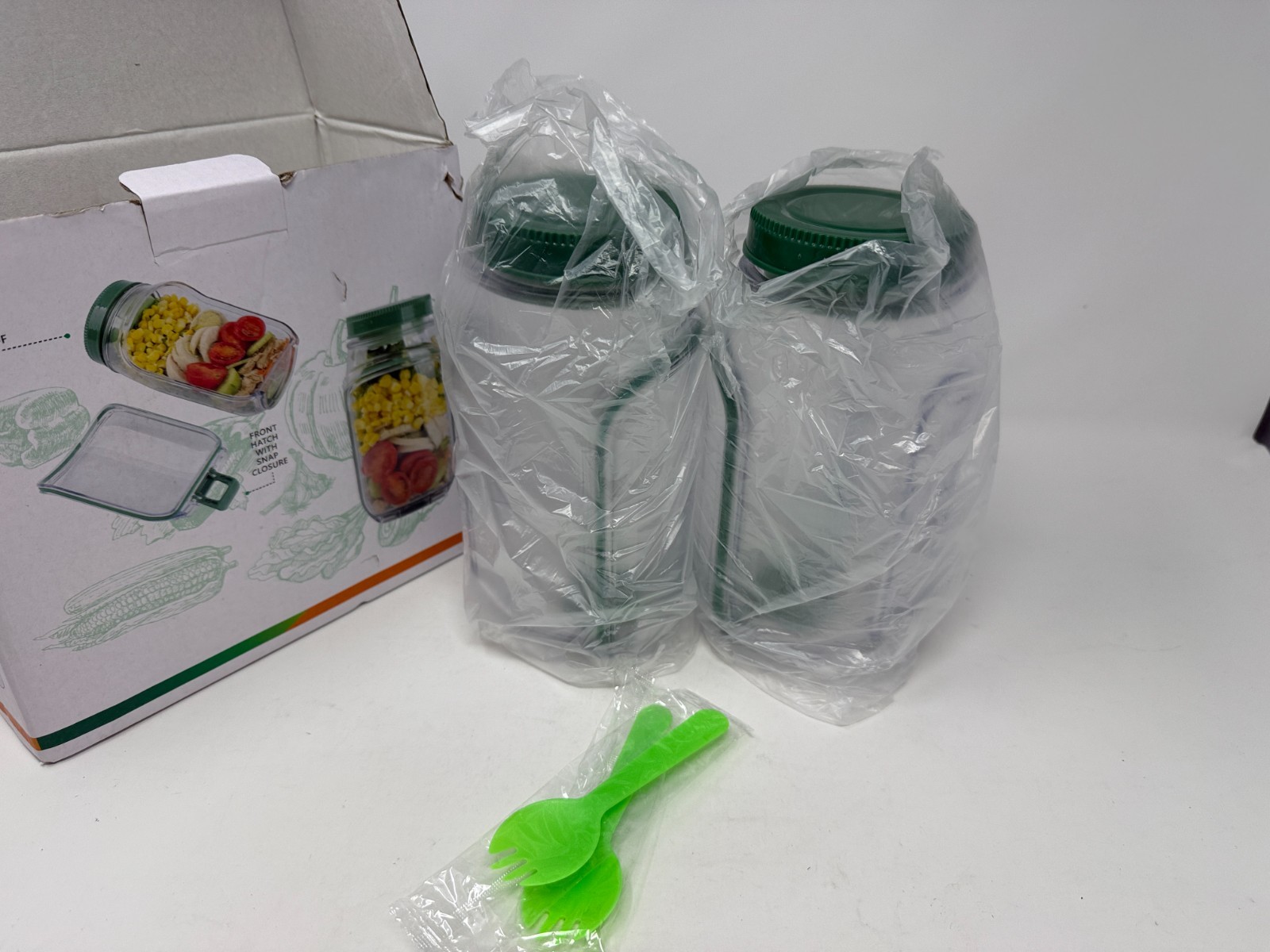 2 Pack Salad Jar Plastic Mason Jar with Side Opening Fruit Storage Box