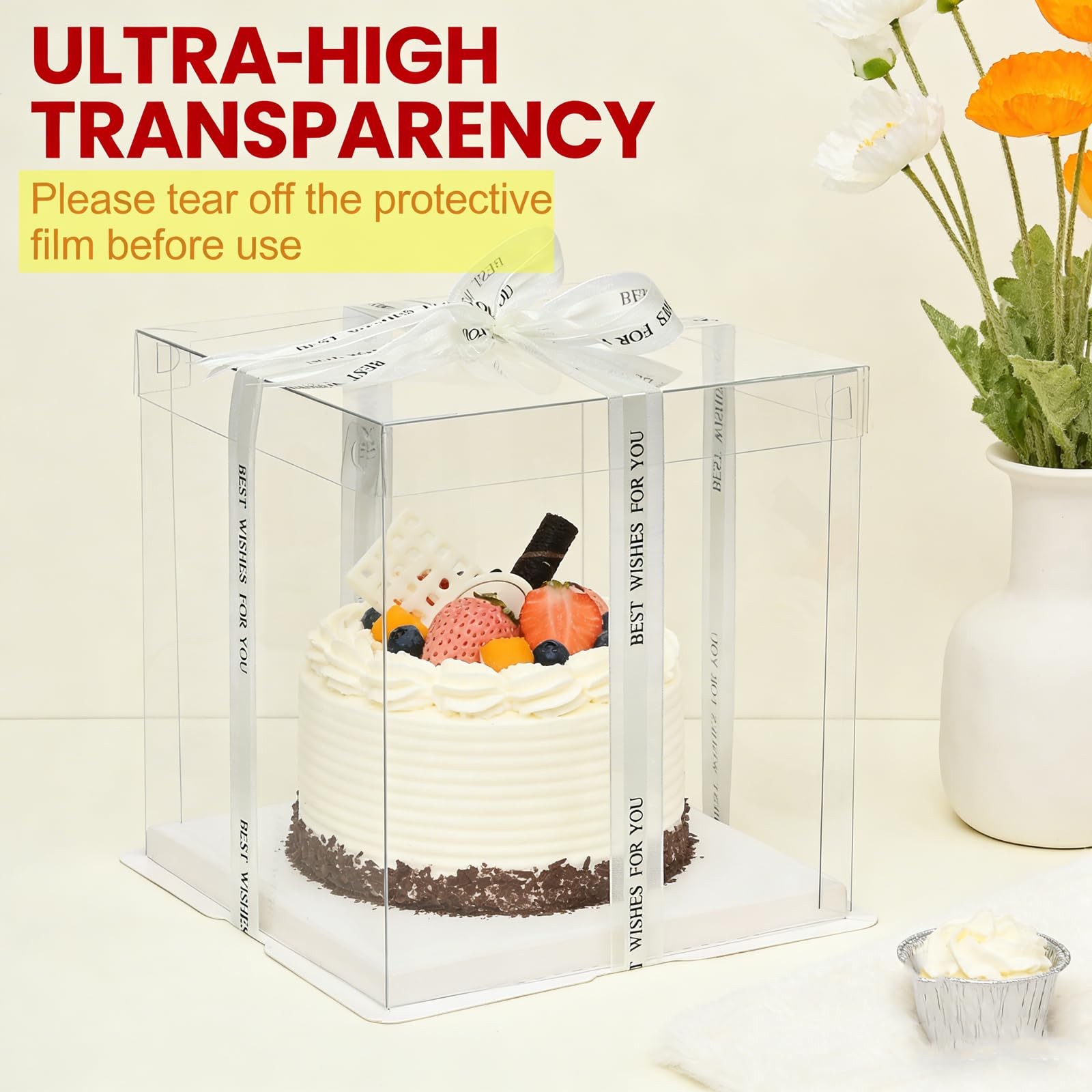 6 Pack Clear Cake Box, 2-Layer Transparent Cakes Box with Ribbon, 10″ X 10″ X…