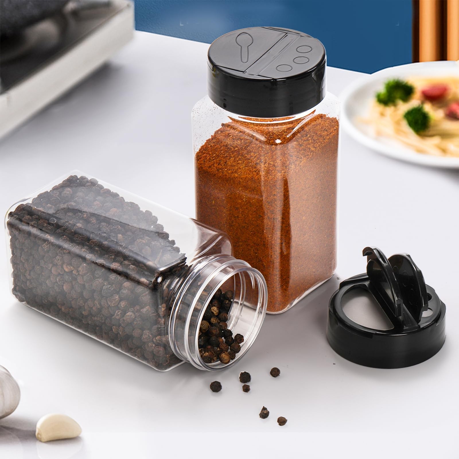 16 Pack 9 Oz Plastic Spice Jars Bottles Containers with Black Cap – Perfect for