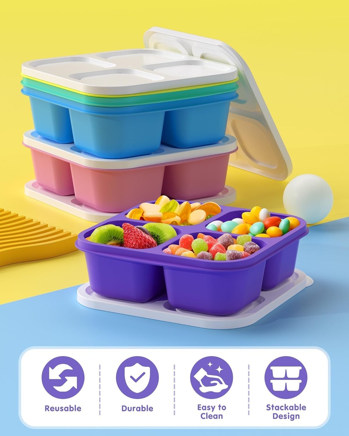 5 Pack Bento Snack Containers, 4 Compartment BPA-free Plastic Food Storage Co…