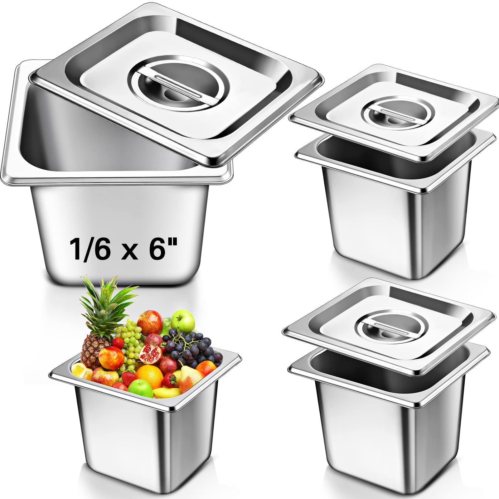 4 Pack 1/6 Size Hotel Steam Table Pans with Lids, 6 Inch Deep 0.7 mm Thick 30…
