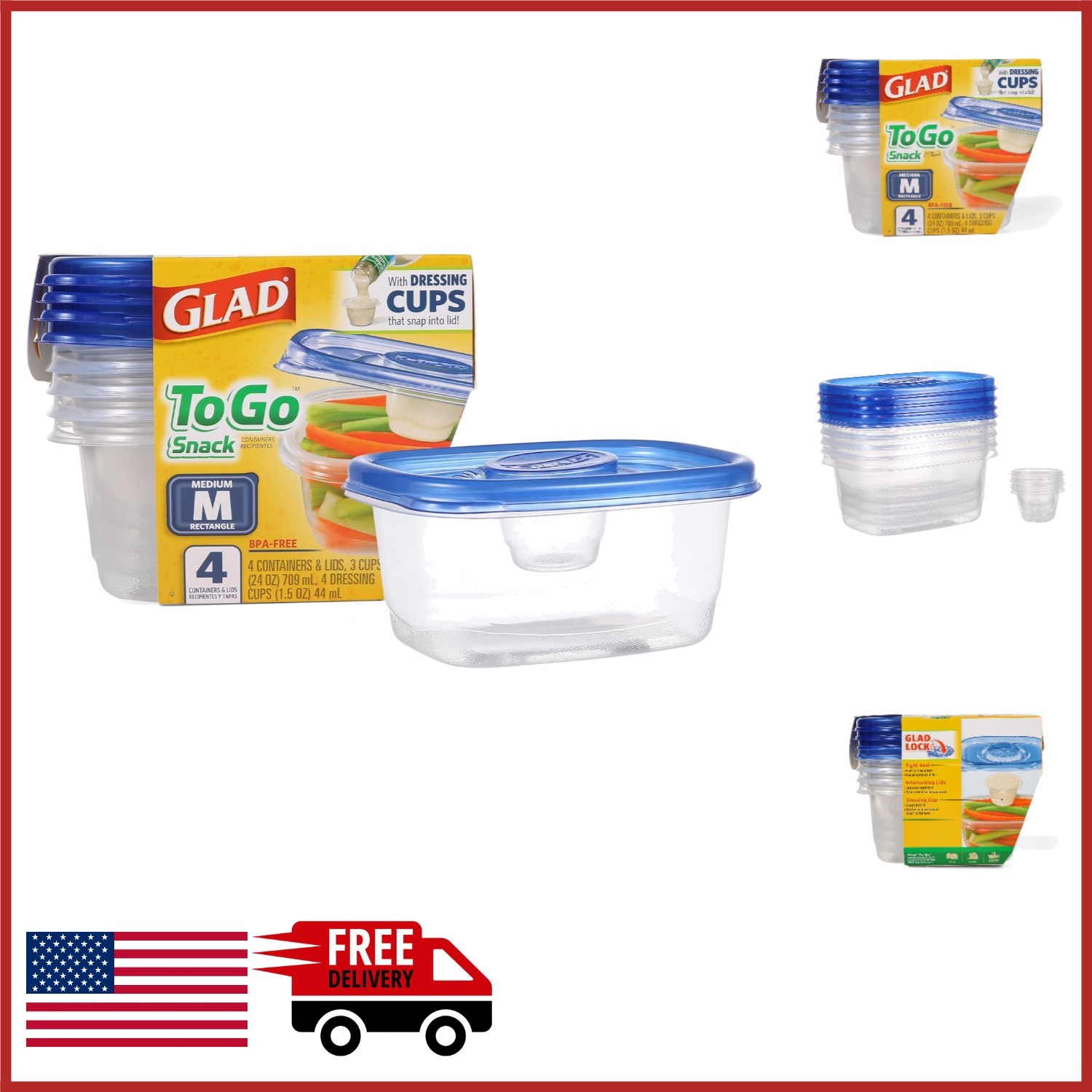 Reusable Food Storage Containers with Leak Resistant Lids for Salads 4 Count