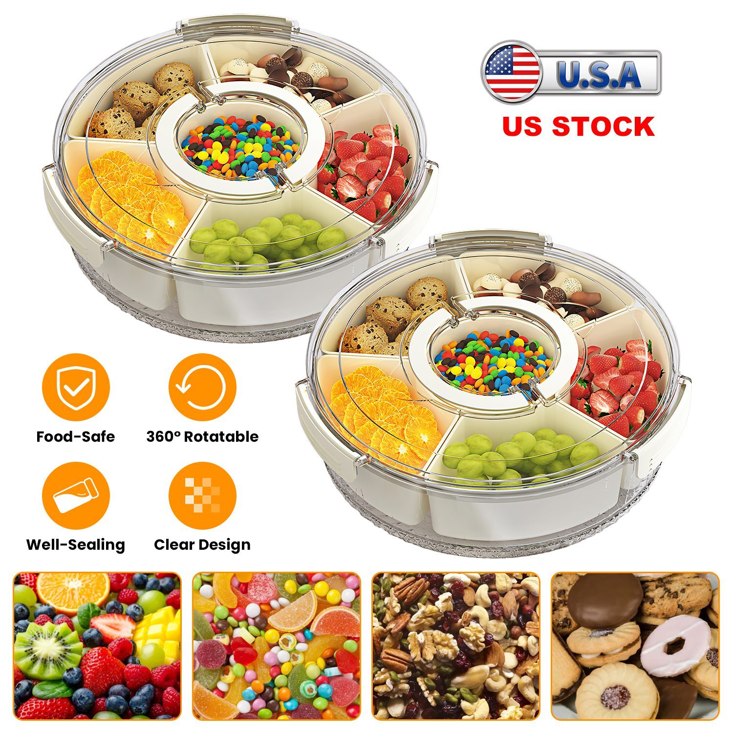 2pcs Divided Serving Tray with Sealed Lid 360° Rotatable Base Snack Container
