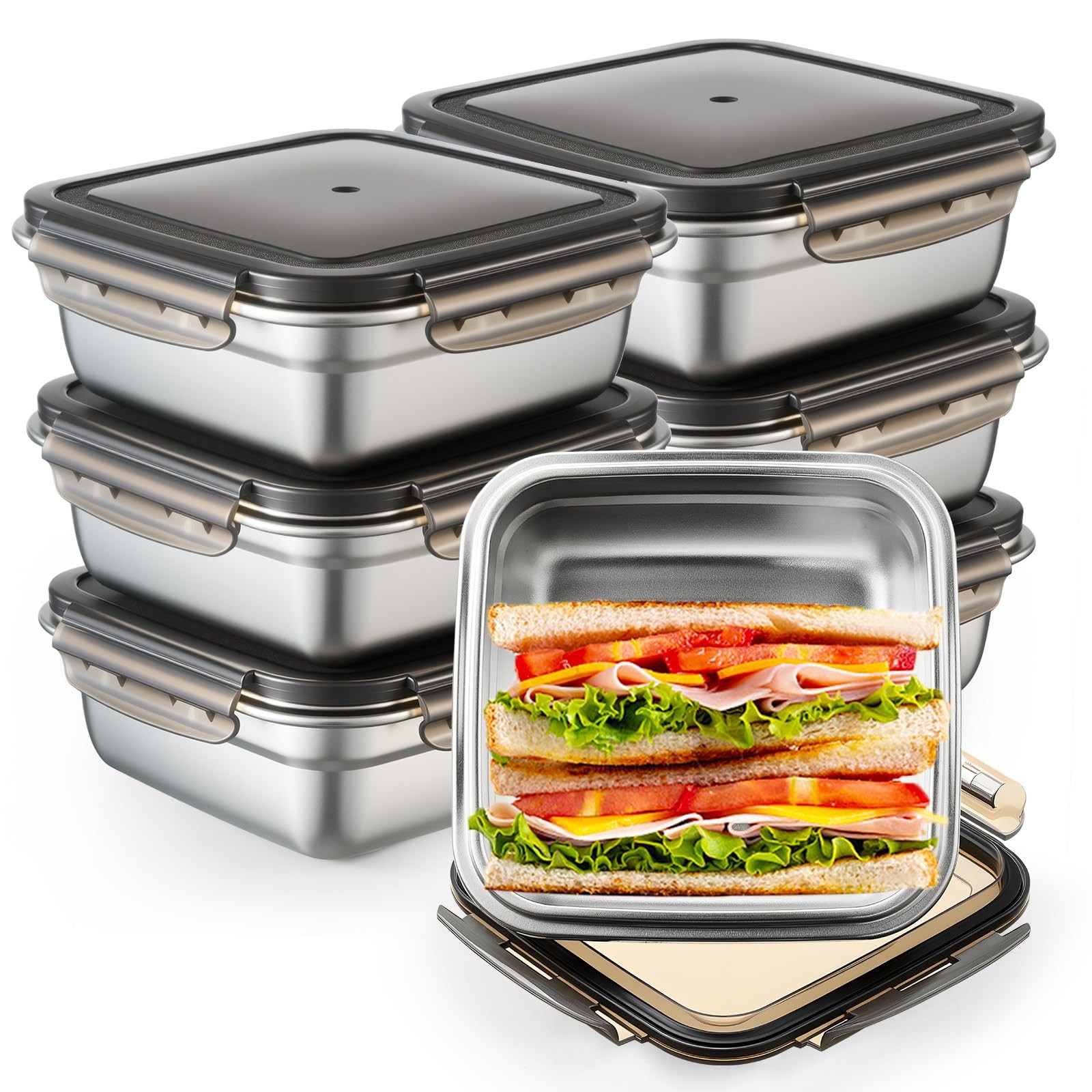 6 Pack Food 304 Stainless Steel Sandwich Containers, Leakproof Metal Lunch Co…