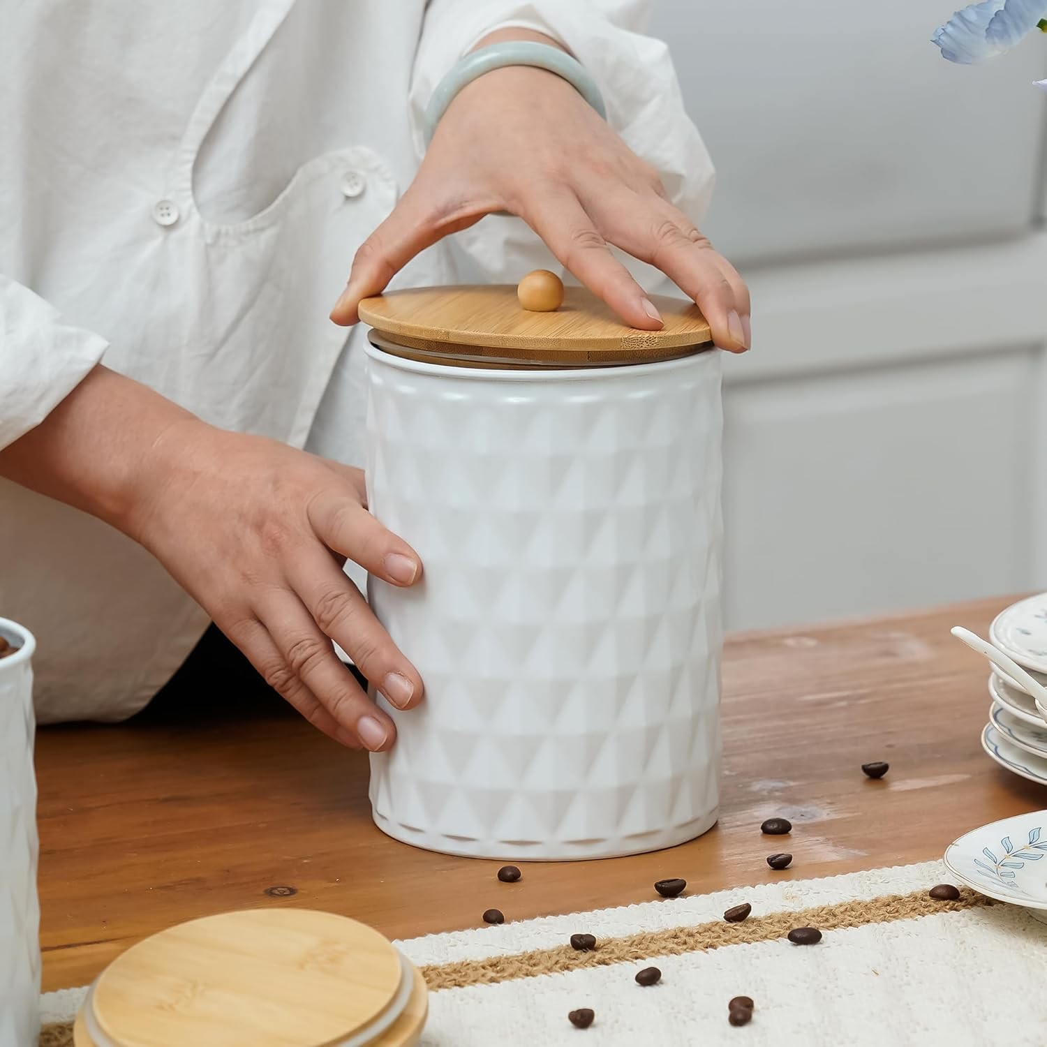 Kitchen Canister Set of 3 Tea Coffee Sugar Containers with Airtight Bamboo Lids