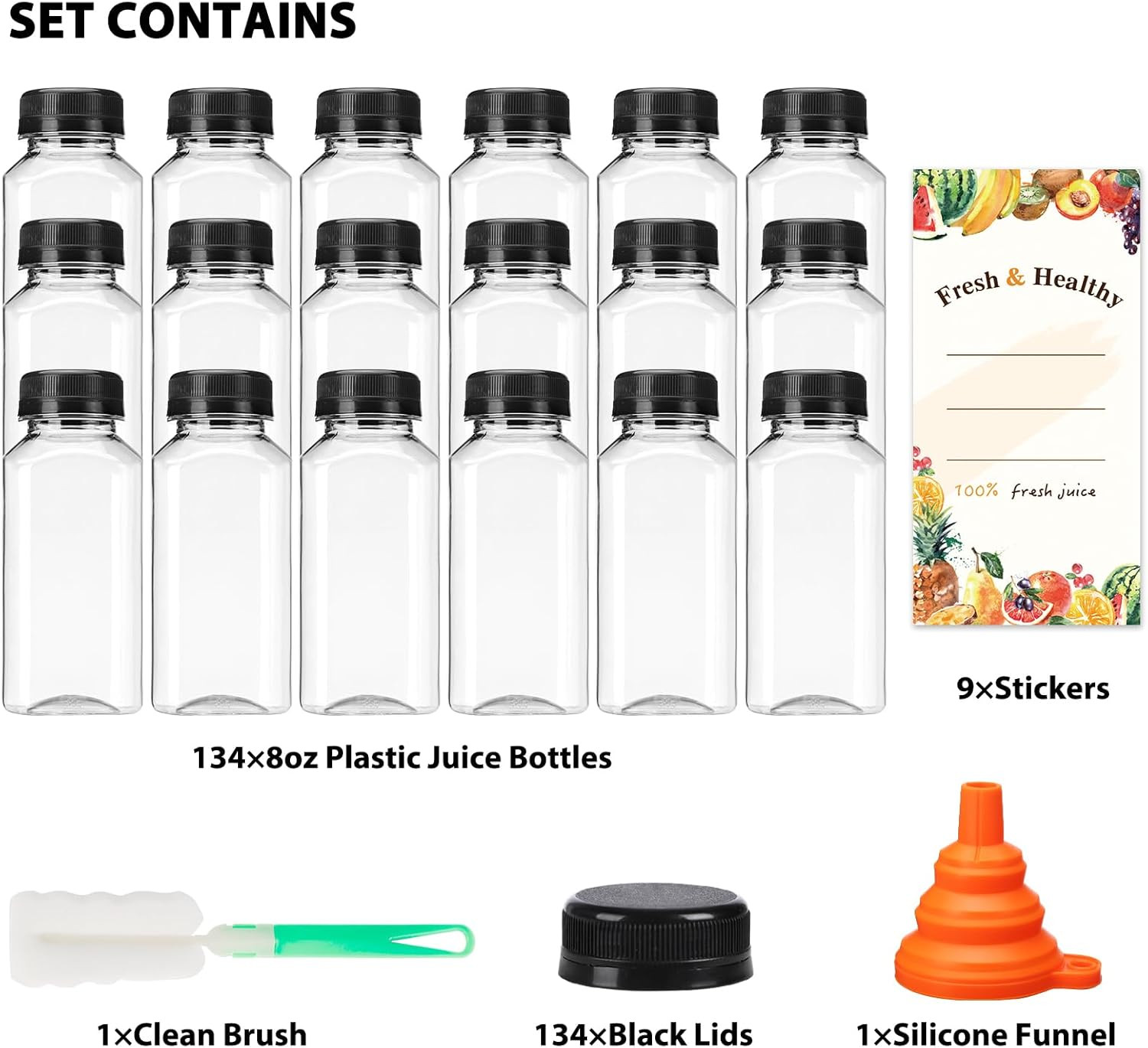 8Oz Juice Bottles with Lids, Plastic Juice Bottles with Caps for Juicing