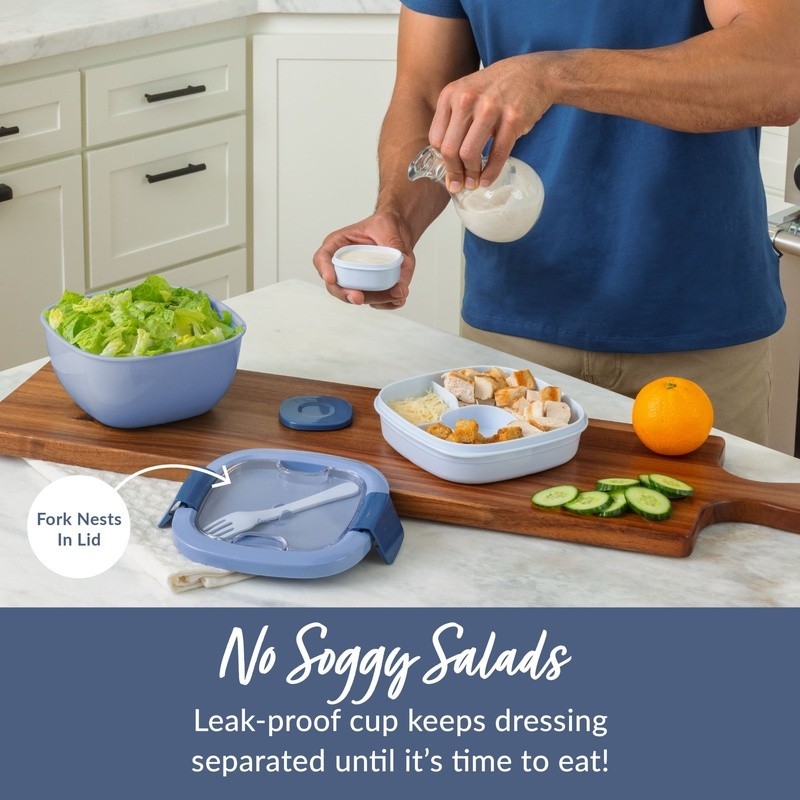 All-in-One Salad Container W/ Compartment Tray & Reusable Fork On-the-Go New
