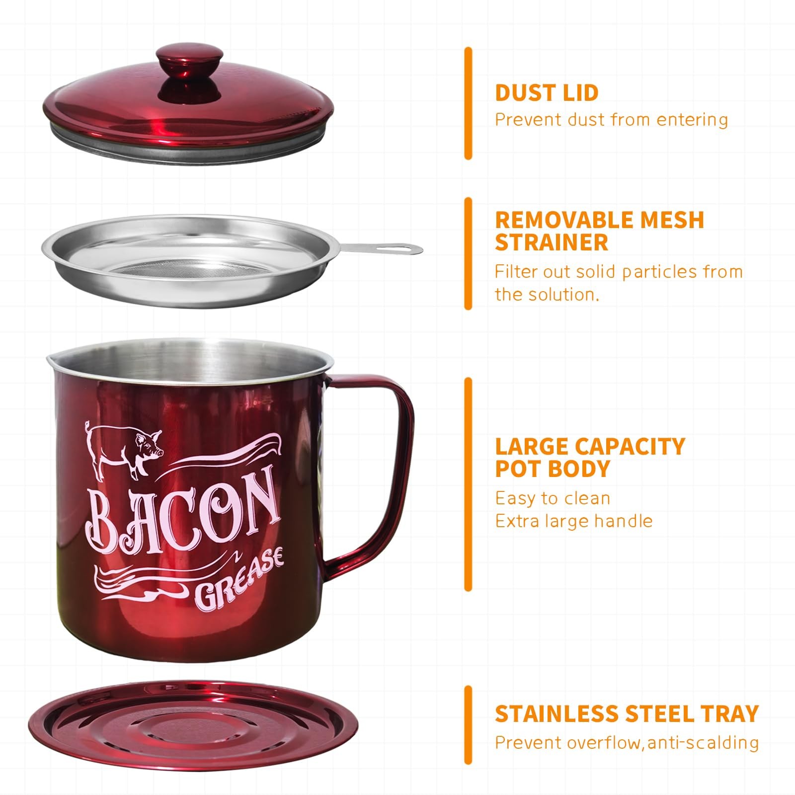 1.3L Bacon Grease Saver Container with Fine Mesh Strainer,Stainless Steel Oil Ke