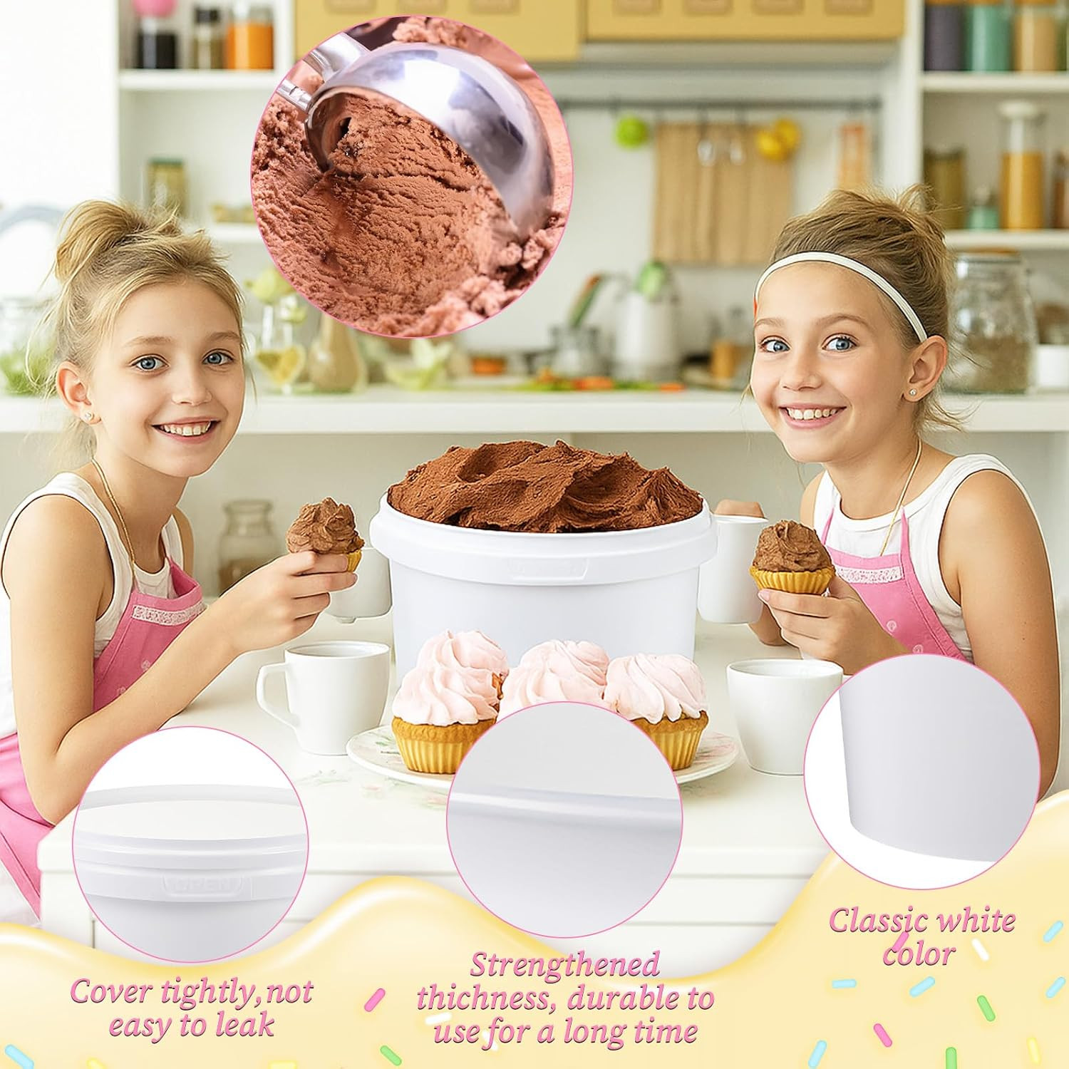 12 Pcs 100Oz Ice Cream Buckets with Lids White Plastic Bucket with Handle Food G