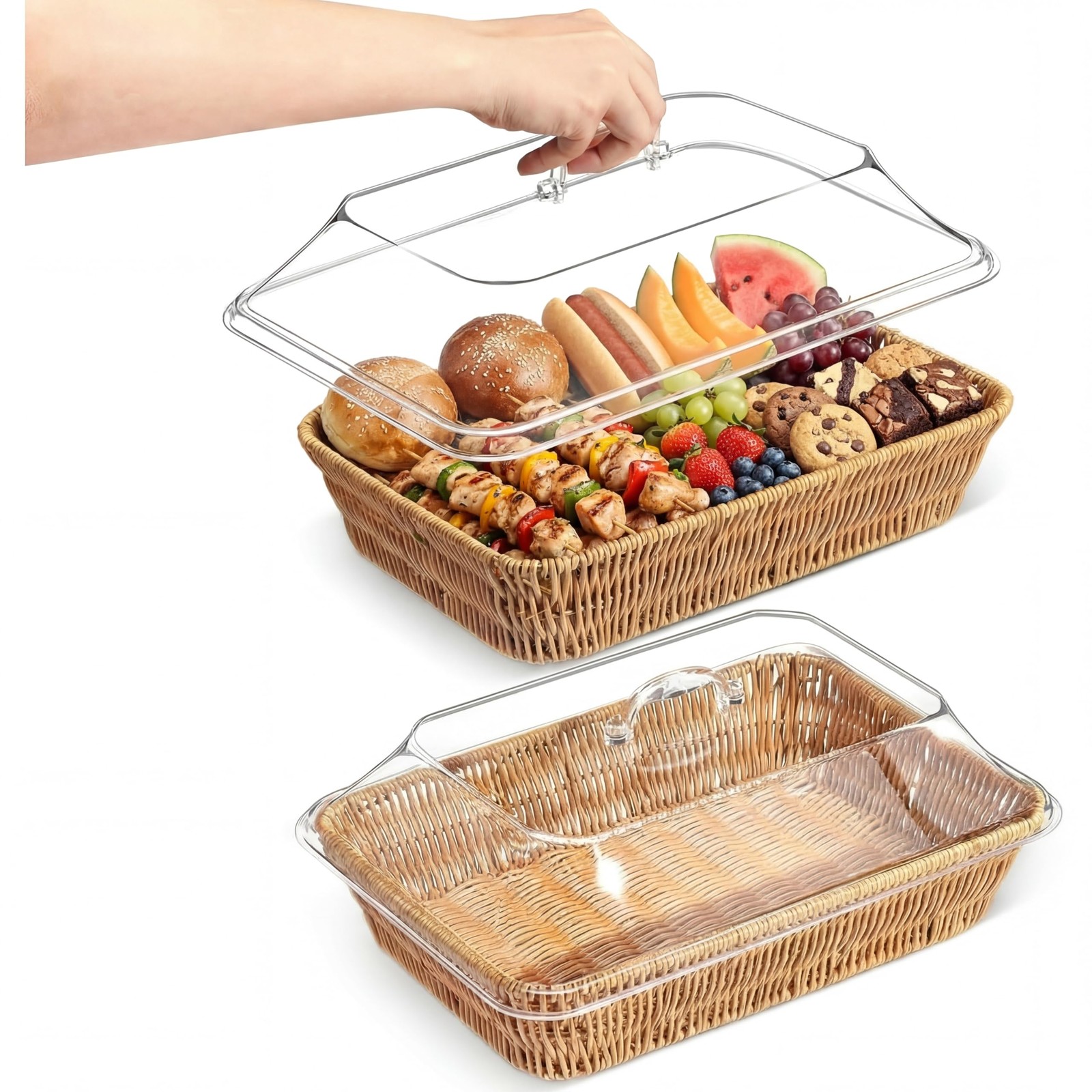2 Set Wicker Bread Basket for Serving with Acrylic Lid Cover Imitation Rattan…