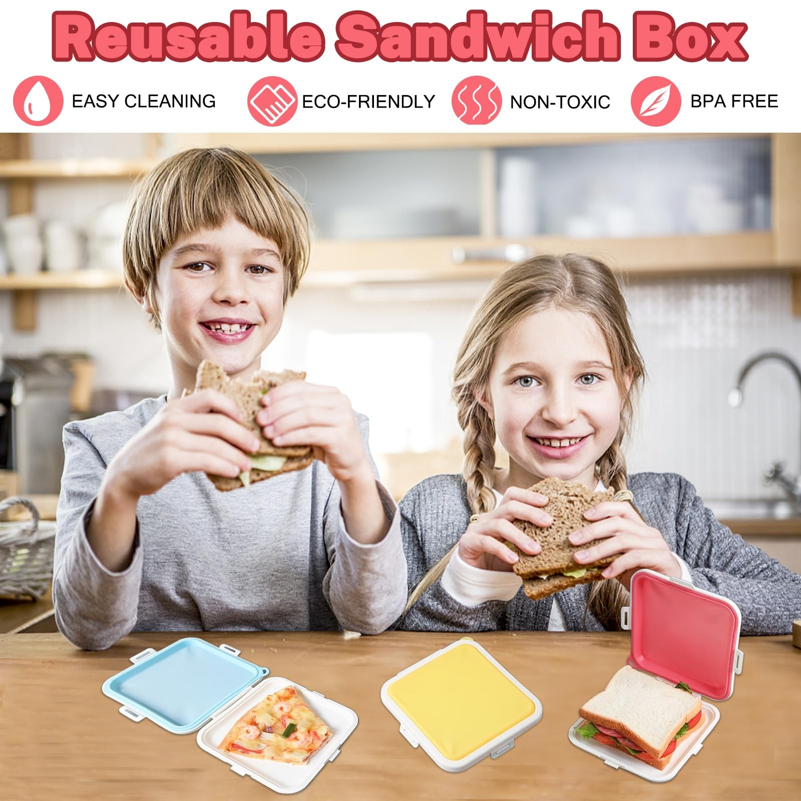 3 Pack Sandwich Containers,3 Color Silicone Sandwich Storage with Snap-Off,Sa…