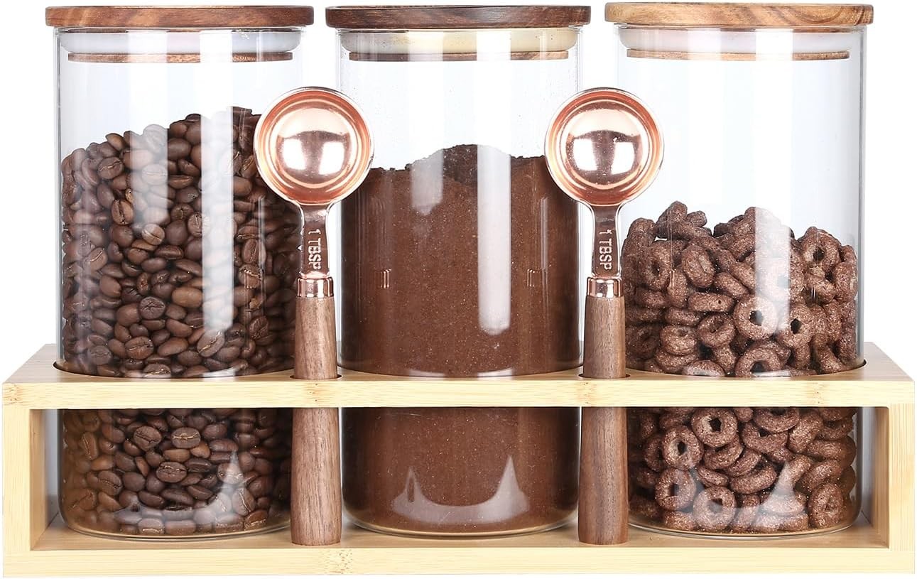 Sealed Glass Food Storage Containers with Airtight Wood Lids and Scoops for