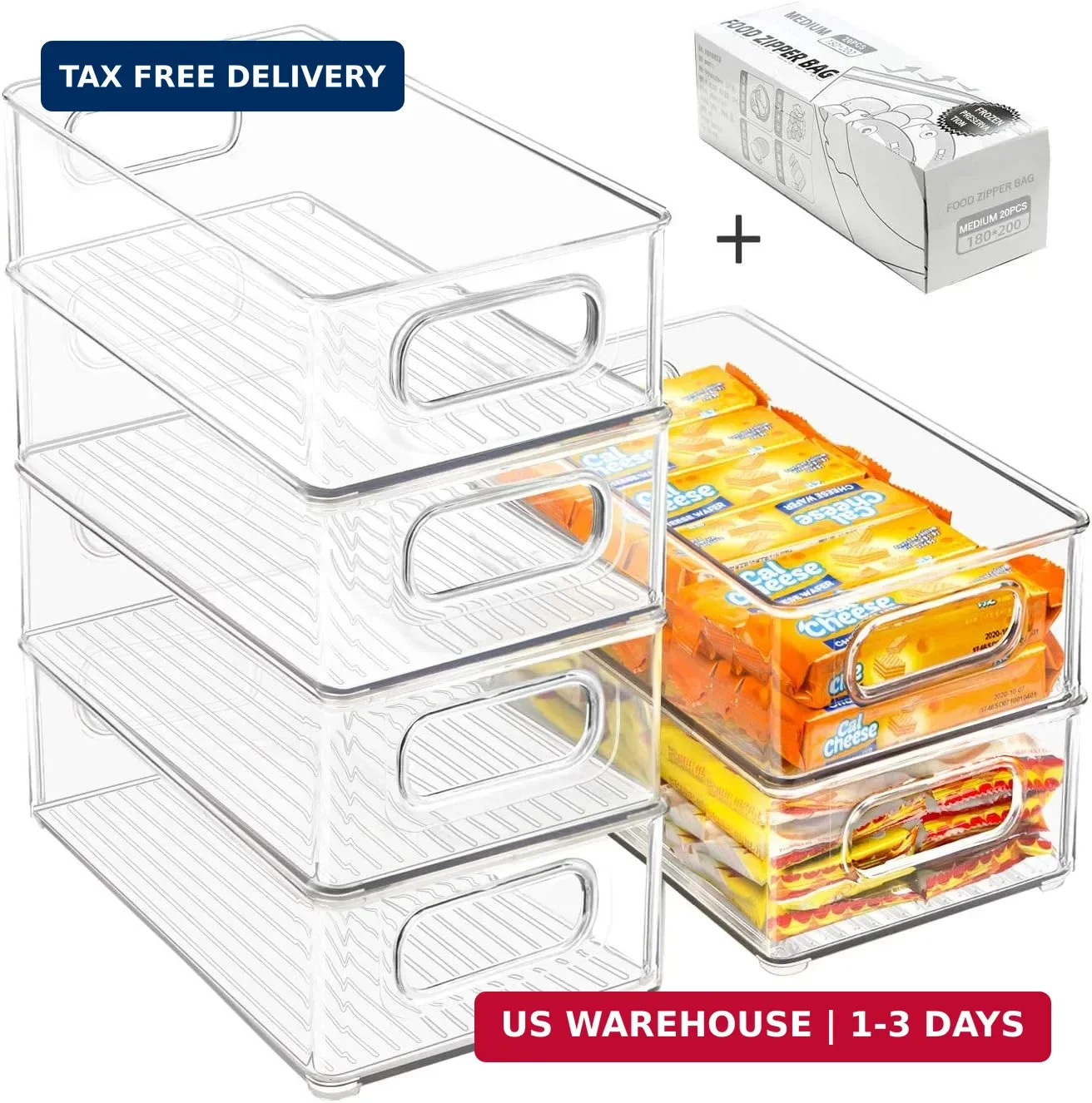 Stackable Refrigerator Organizer Bins, 6 Pack Clear Kitchen Organizer Container