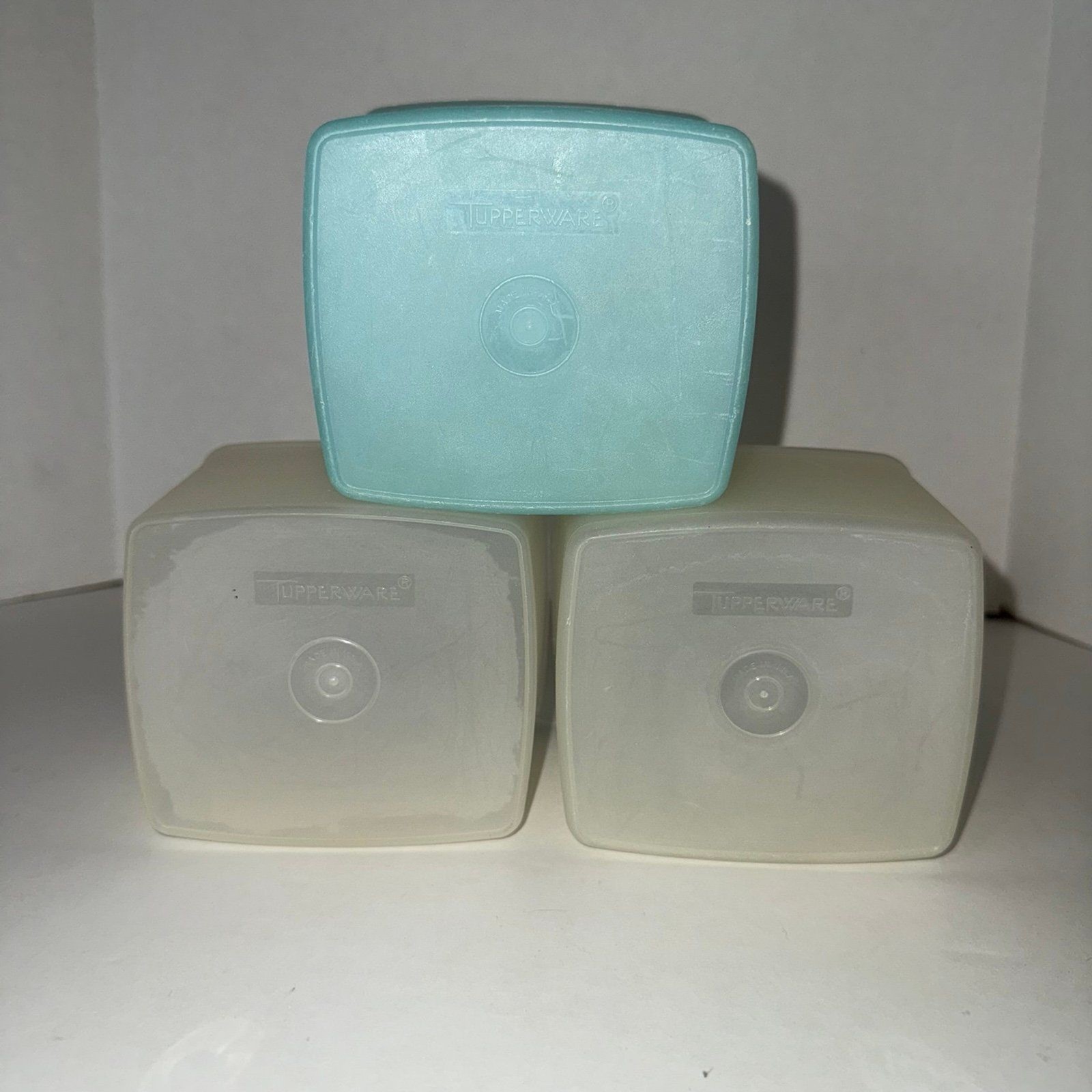 Vintage Tupperware Square Round Food Storage Containers Pastel Blue Sheer