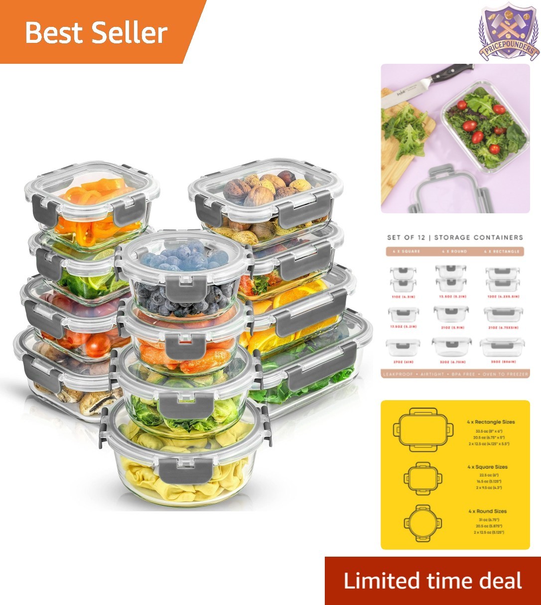 24pc Borosilicate Glass Storage Containers with Lids Food Preserving Kitchen