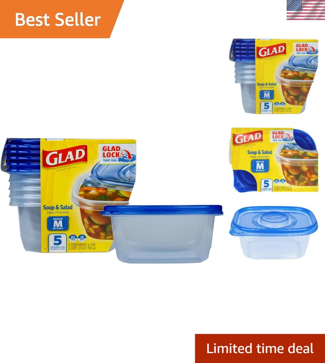 Microwave & Dishwasher Safe Meal Prep Containers, 5 Count, BPA-Free, Leak Proof
