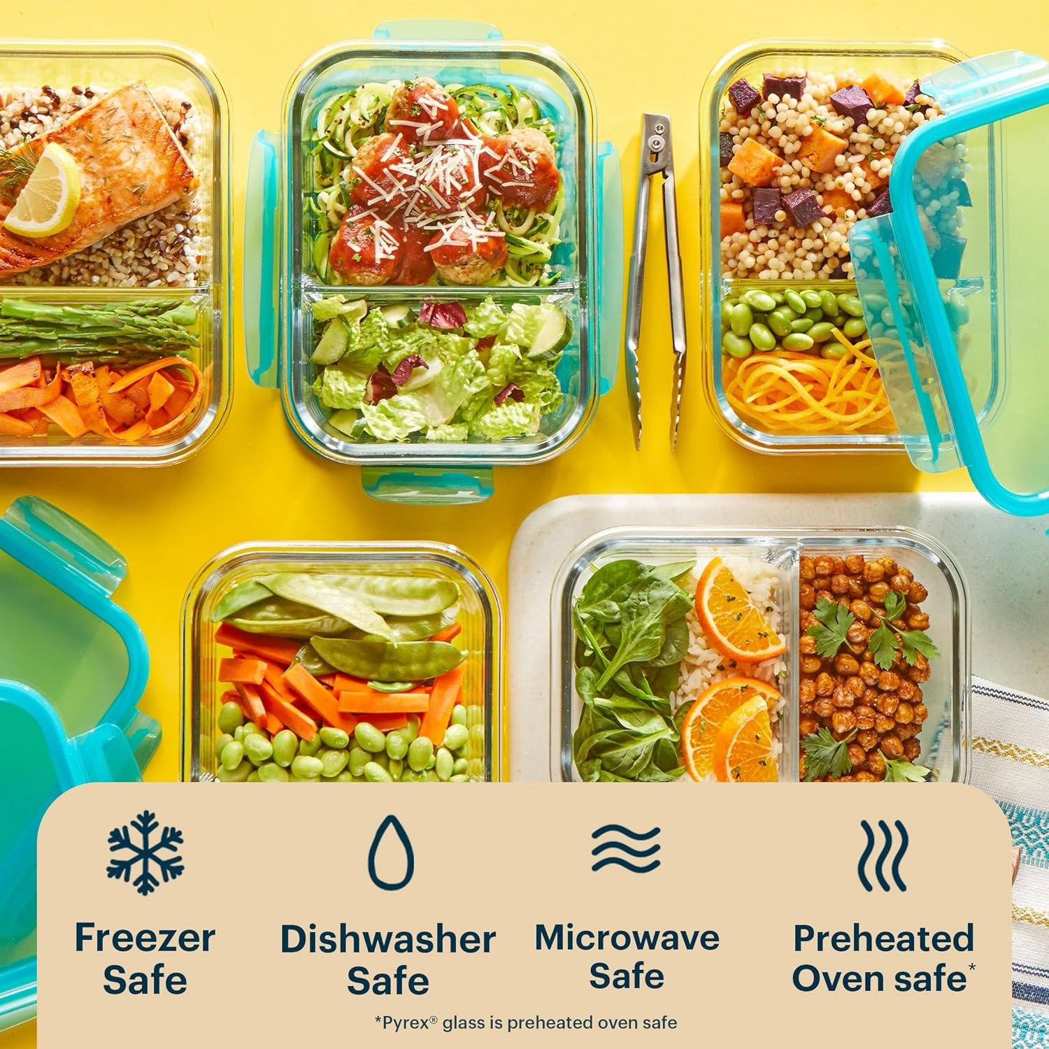 Glass Mealbox (5-Pack, 4 Cup) Divided Compartments with Locking Lids, for Meal P