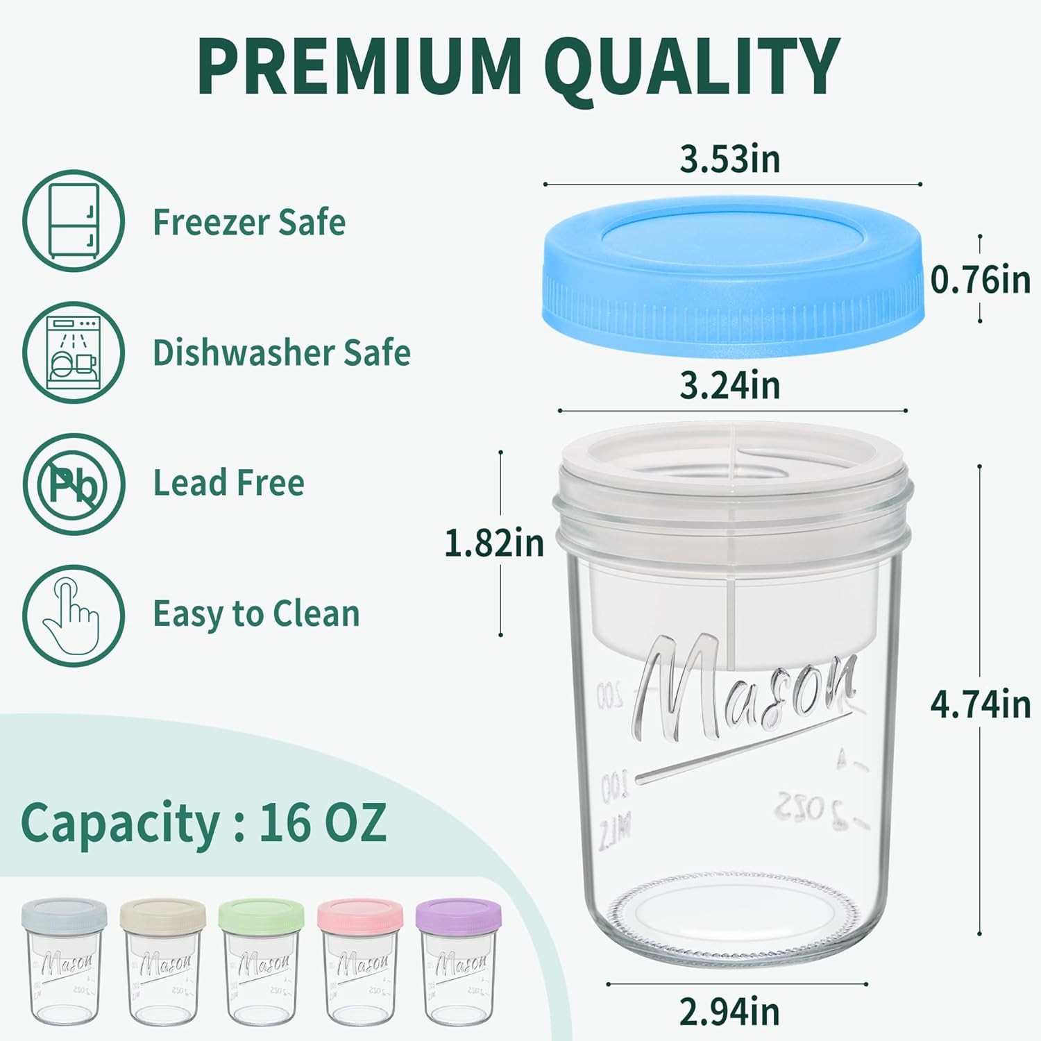 16 oz Overnight Oats Containers W/ Lids 6-Pack Leak-Proof Wide Mouth Mason Jars