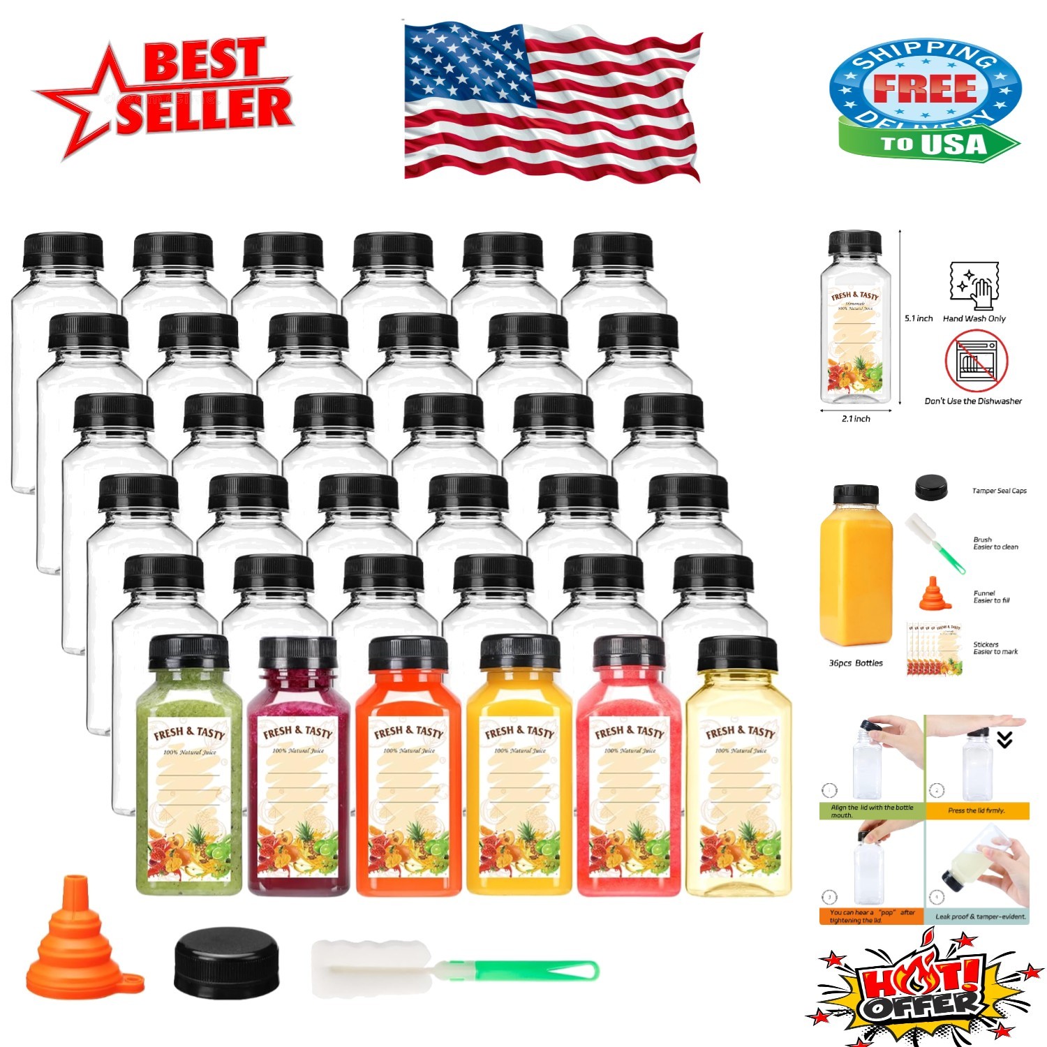 Set of 36 Food Grade Reusable 8oz Beverage Containers with Tamper-Proof Lids