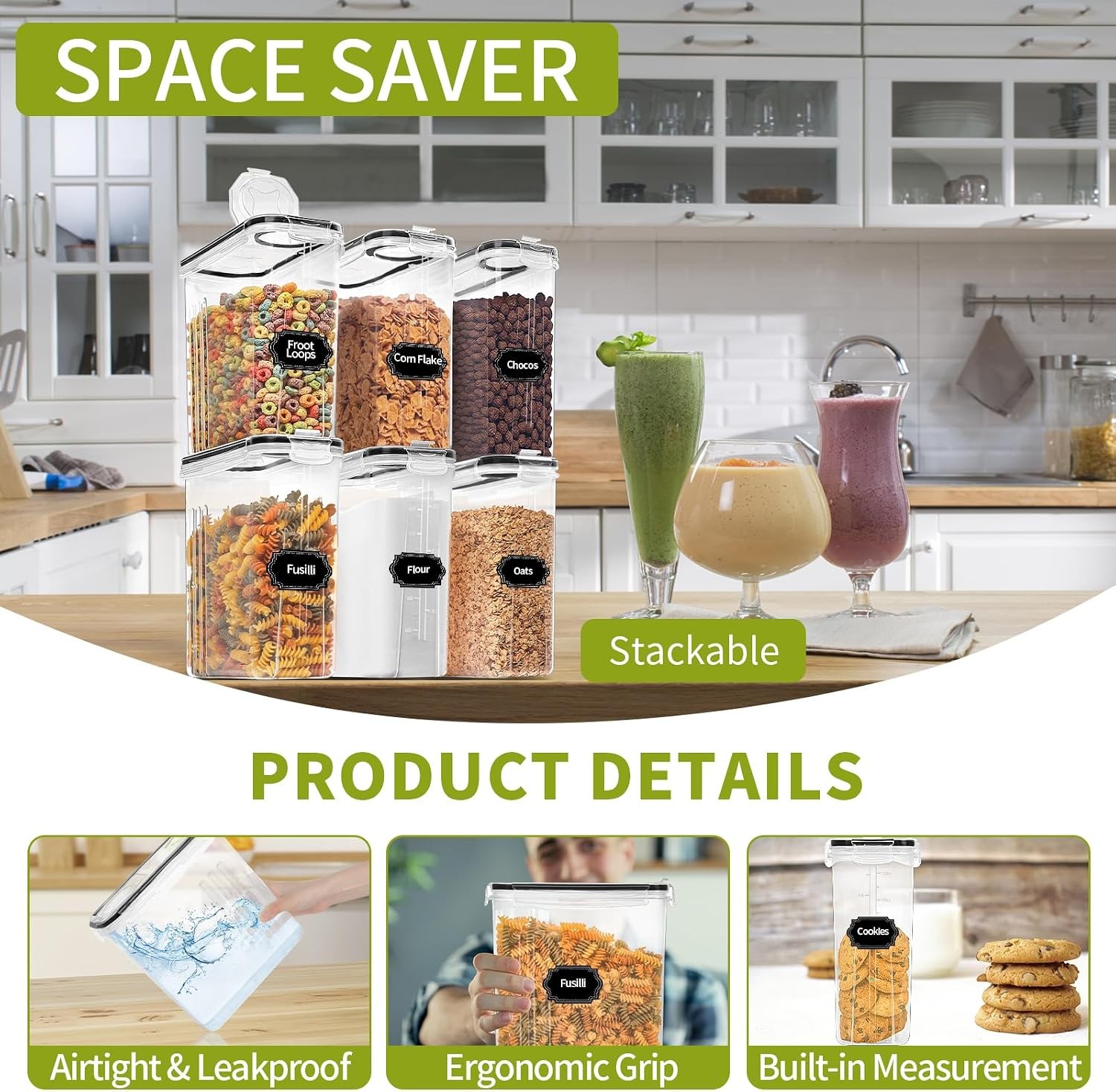 4L Airtight Food Storage Container w/ Lid Plastic Cereal Dispensers Kitchen 6PC