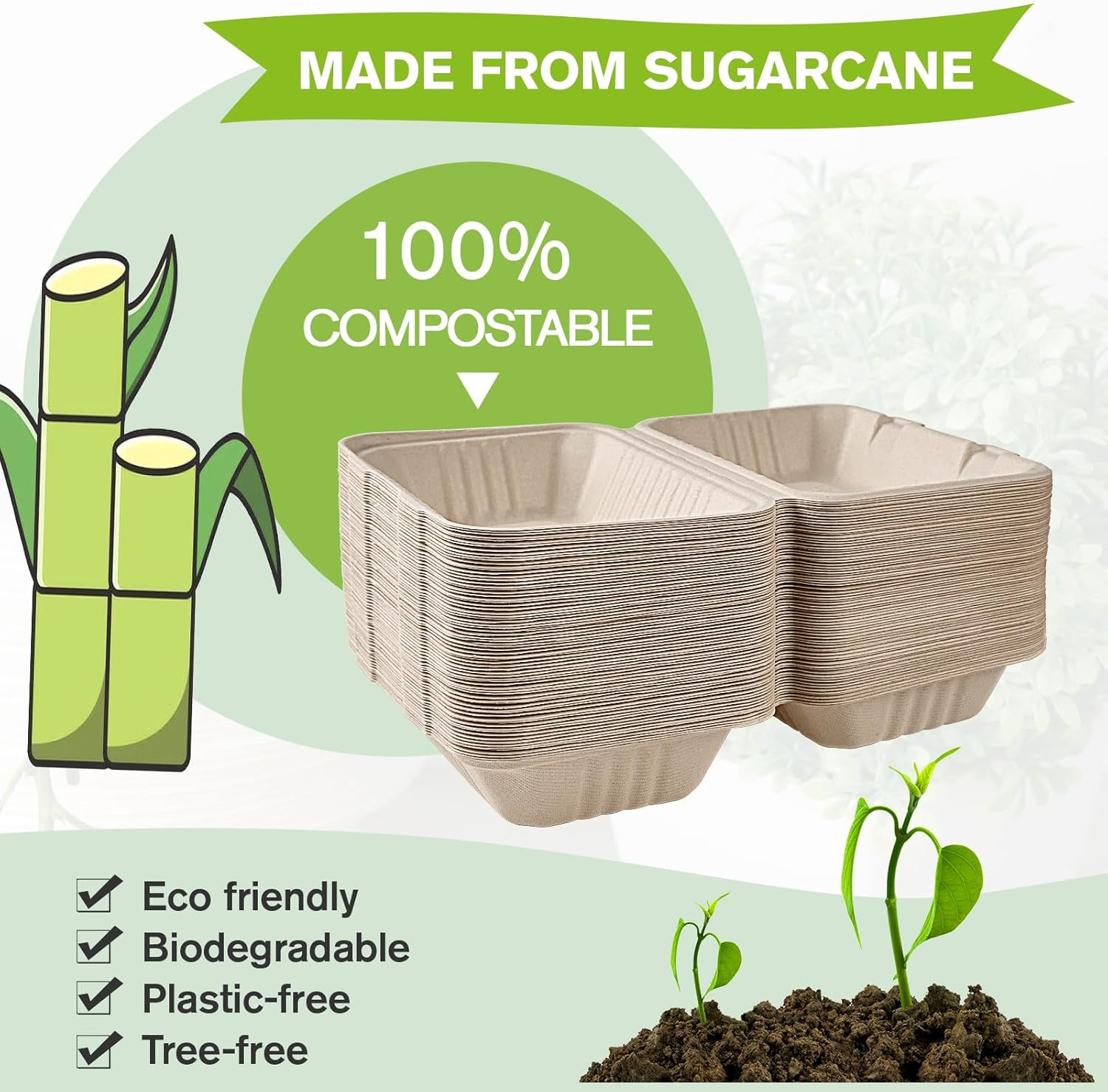 75 Pack Clamshell Take Out Food Containers, 100% Compostable To Go Containers Di