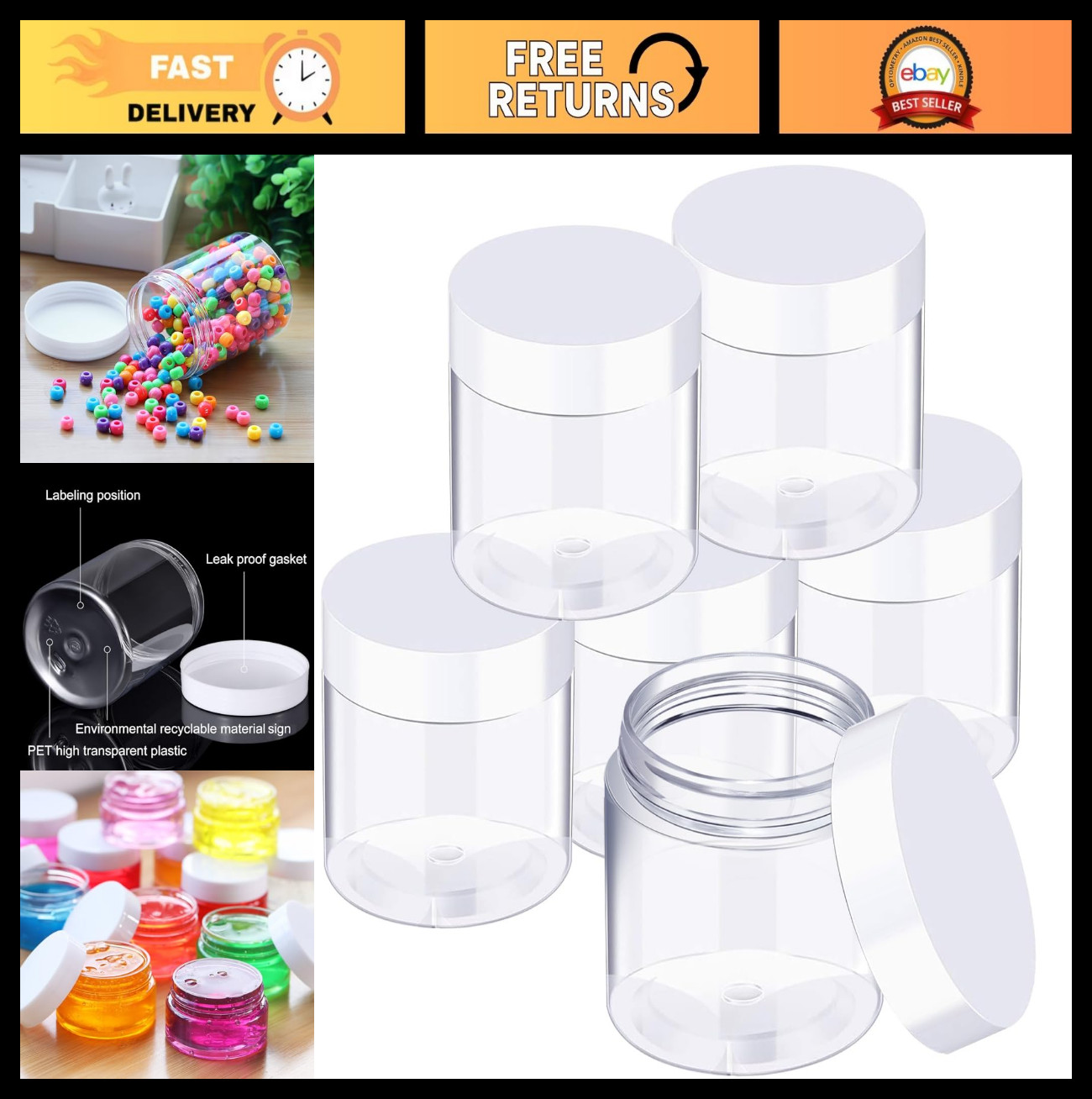 6 Pack 16 oz Plastic Jars with Lids – Wide Mouth, Leakproof, Reusable Containers