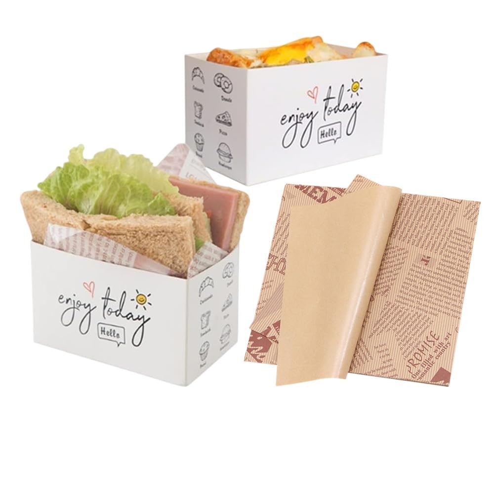 50 Pack Paper Take Out Containers, Mini Burger Sandwich Boxes, 50 Oil Sheets