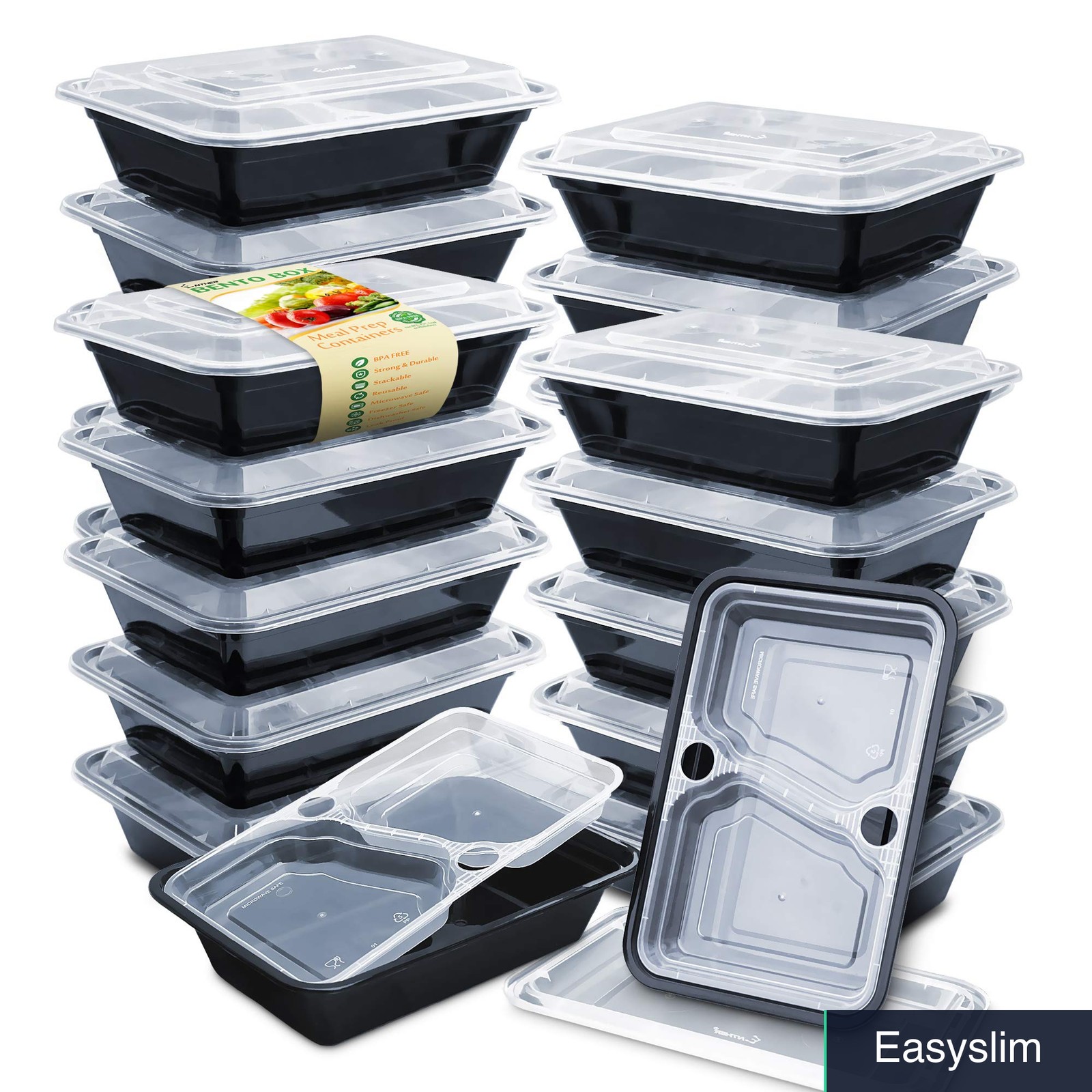 Meal Prep Containers 20 Pack 3 Compartment Bento Boxes 36oz Microwave Black