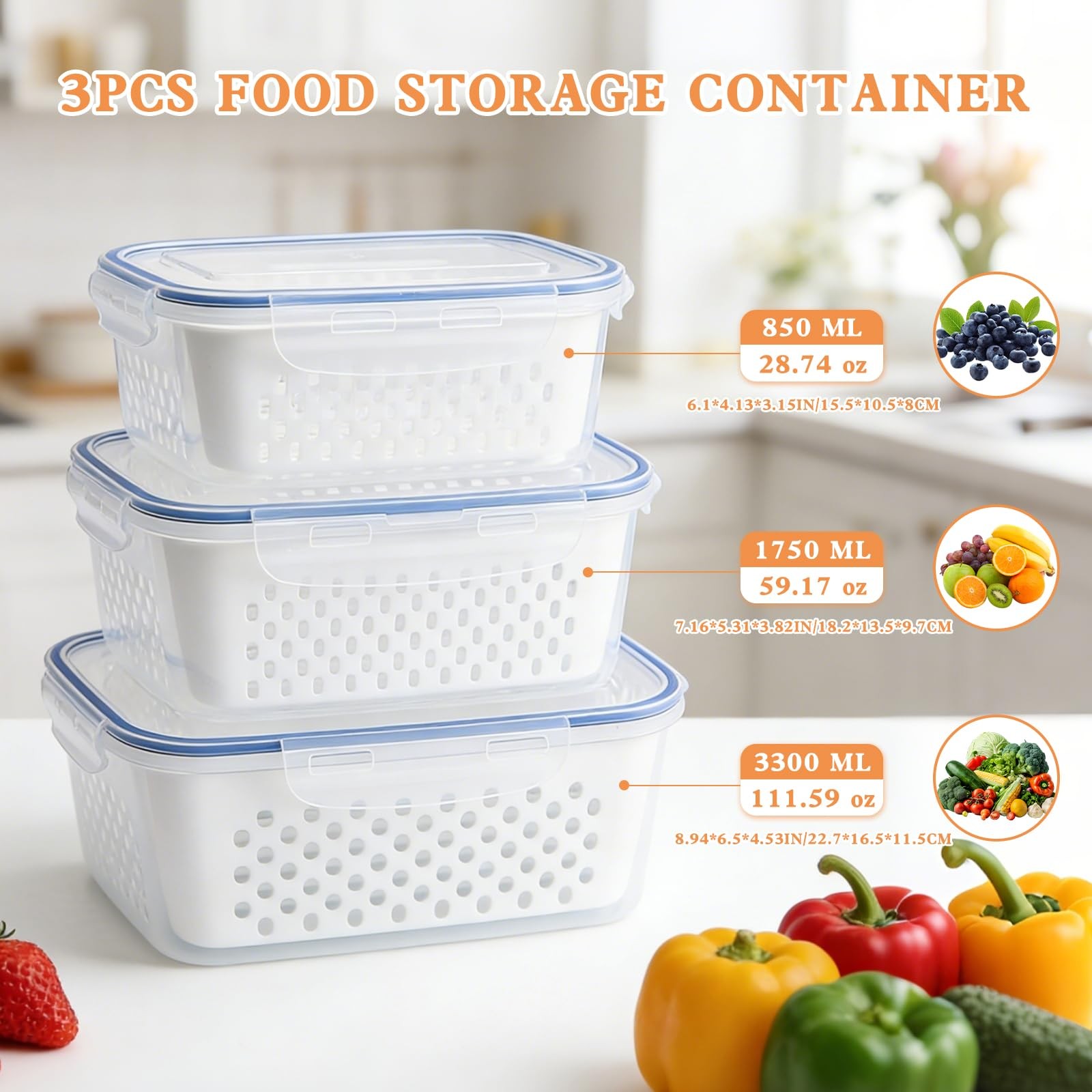 4 in 1 Fruit Storage Containers for Fridge, approx. 15.5 x 10.5 x 8 cm, White