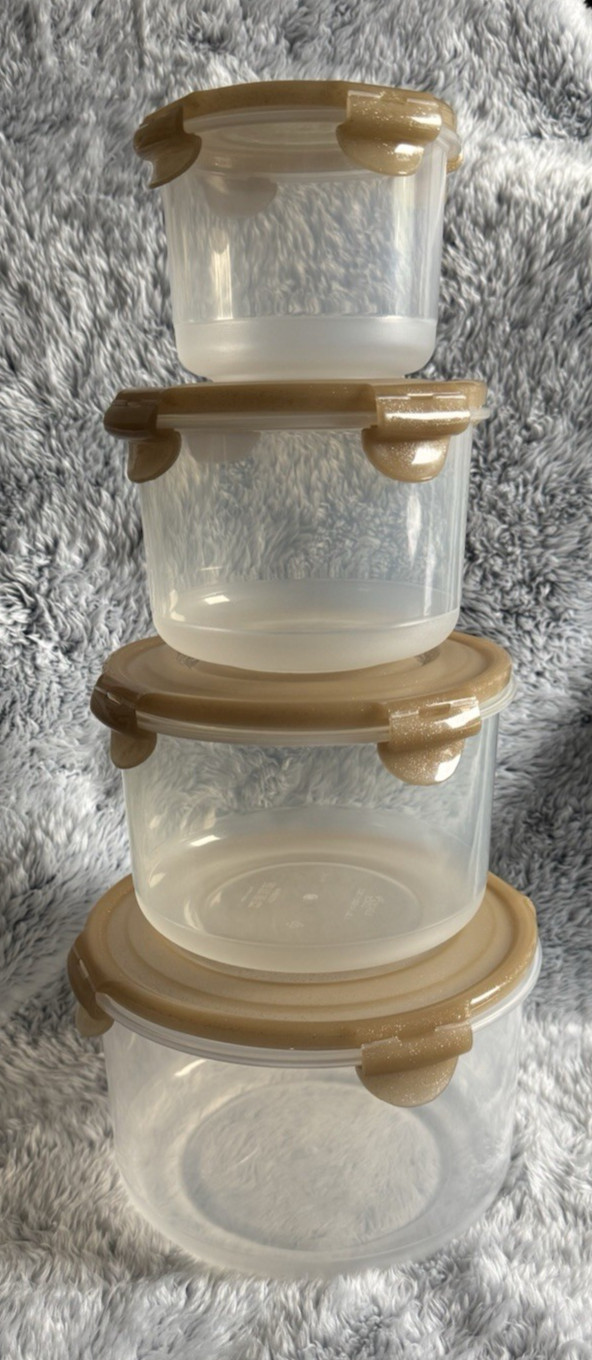 LocknLock 4 Piece Nestable Round Canister Storage Set CHAMPAGNE Gold Sparkle NEW