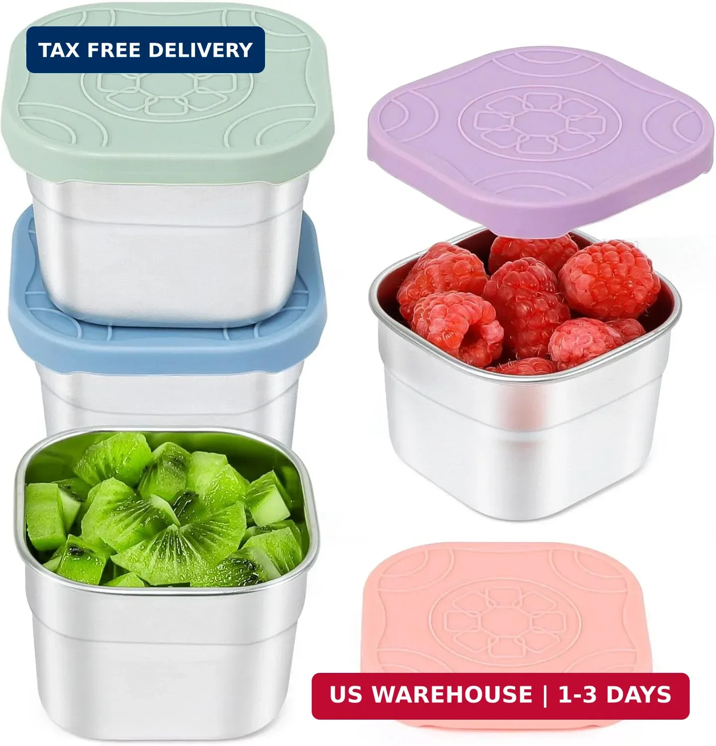 Stainless Steel Snack Containers Set of 4 Silicone Lids 4.7oz Leakproof BPA Free