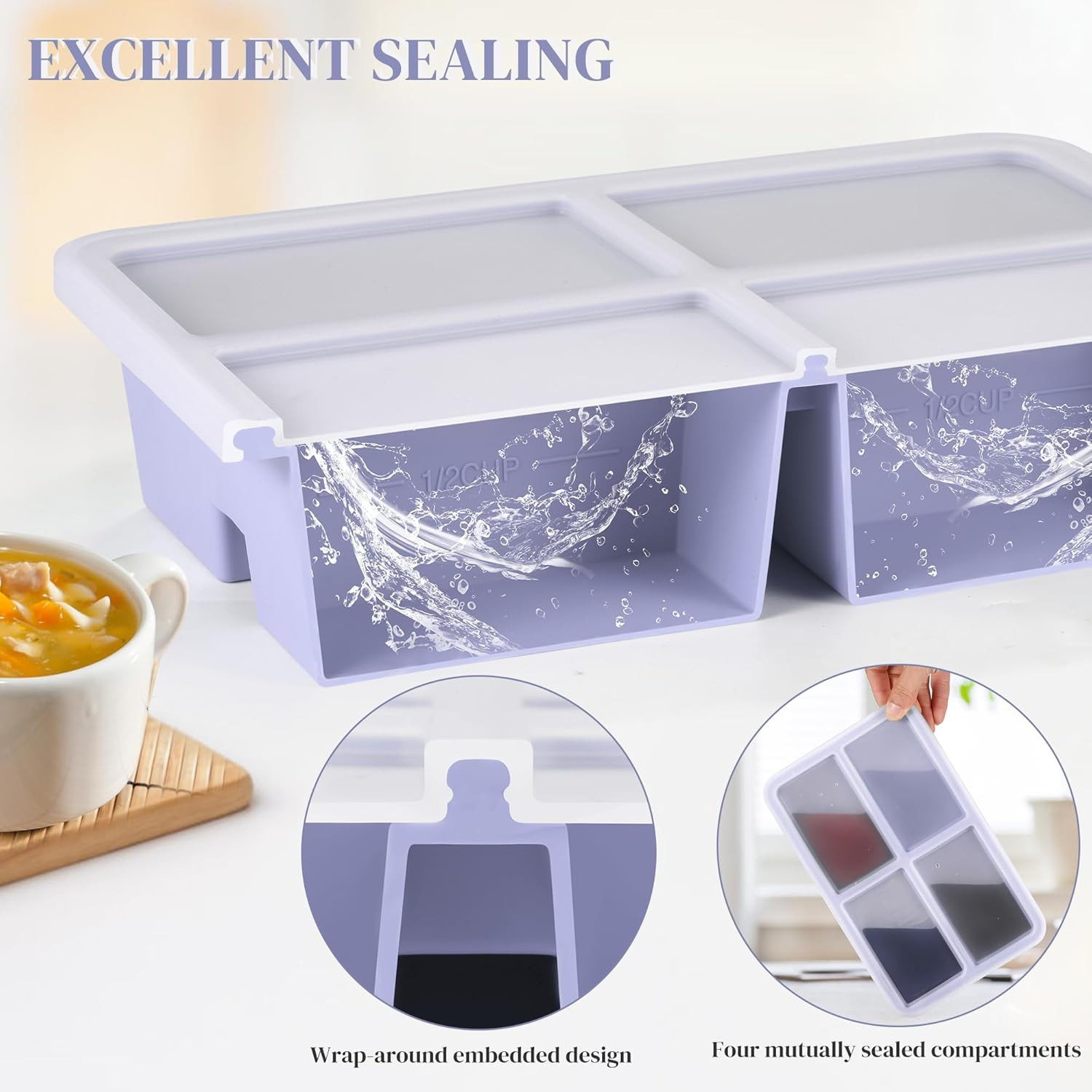 2 PACK 1 Cup Silicone Freezer Trays With Lid For Freeze & Store Soup, Broth, Lef